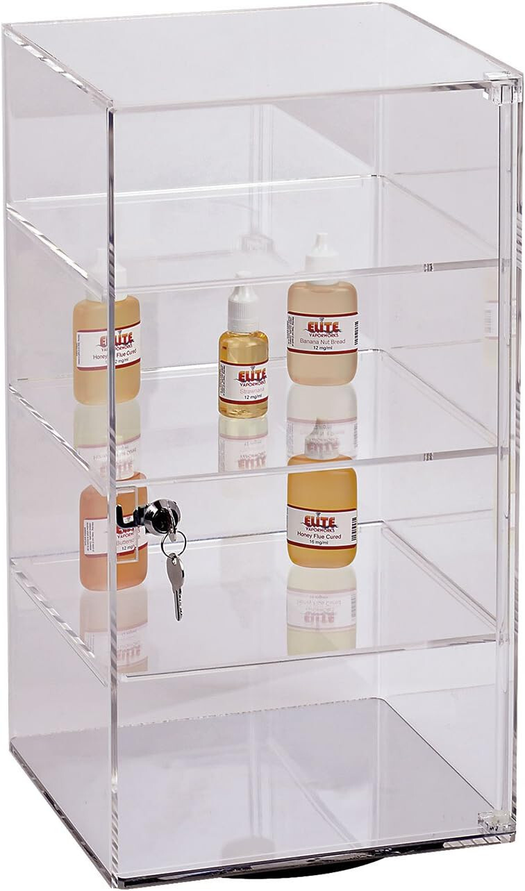 4 Shelf Clear Display Acrylic Case 9 ¾ x 9 ¾ x 18 ½ Lock Tower Rotating Spinner