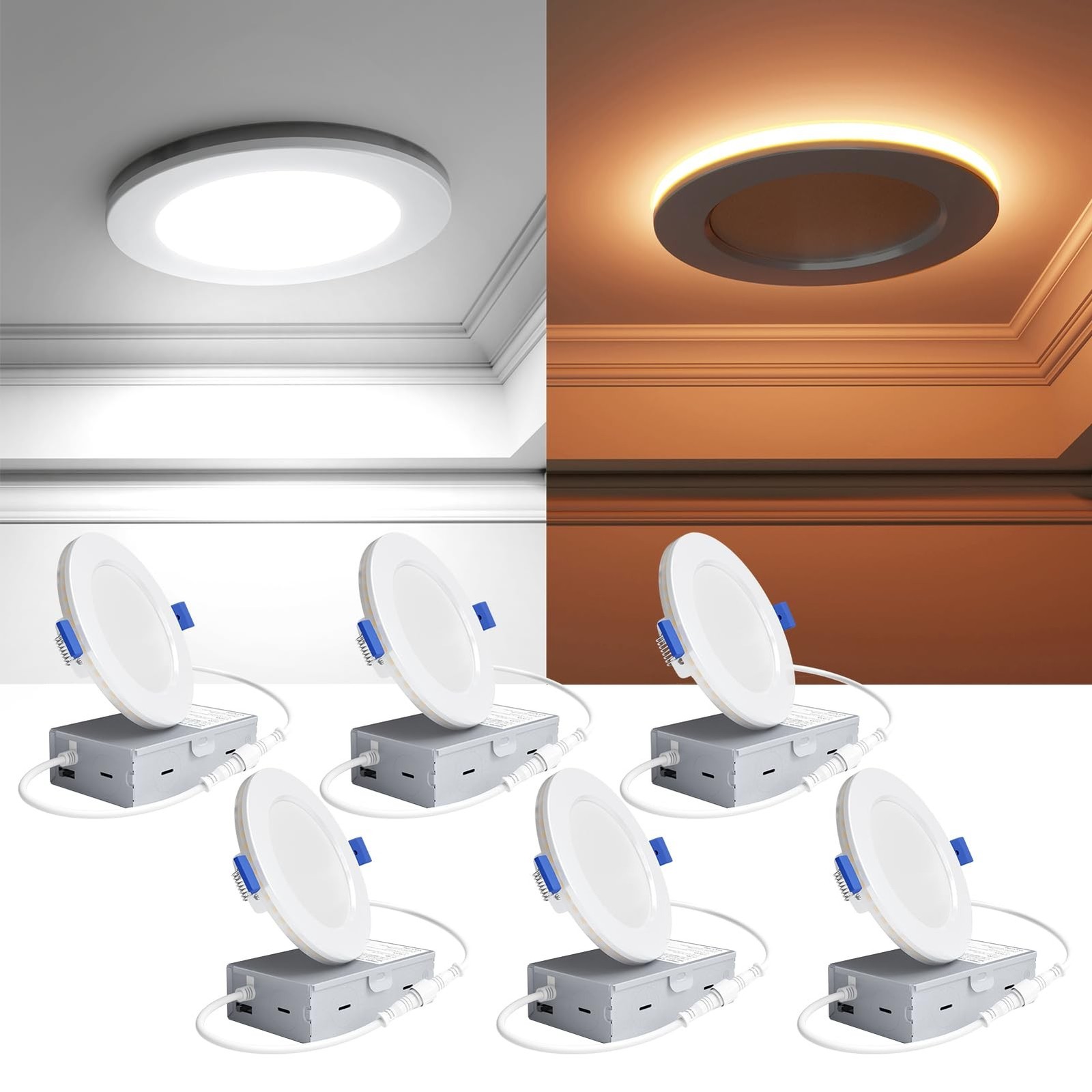 6 Pack 4 Inch LED Recessed Light with Night Light, 2700K/3000K/3500K/4000K/50...
