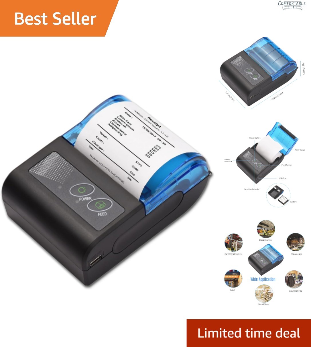 Mini Thermal Receipt Printer - High-Speed USB/Bluetooth, 58mm Paper Included