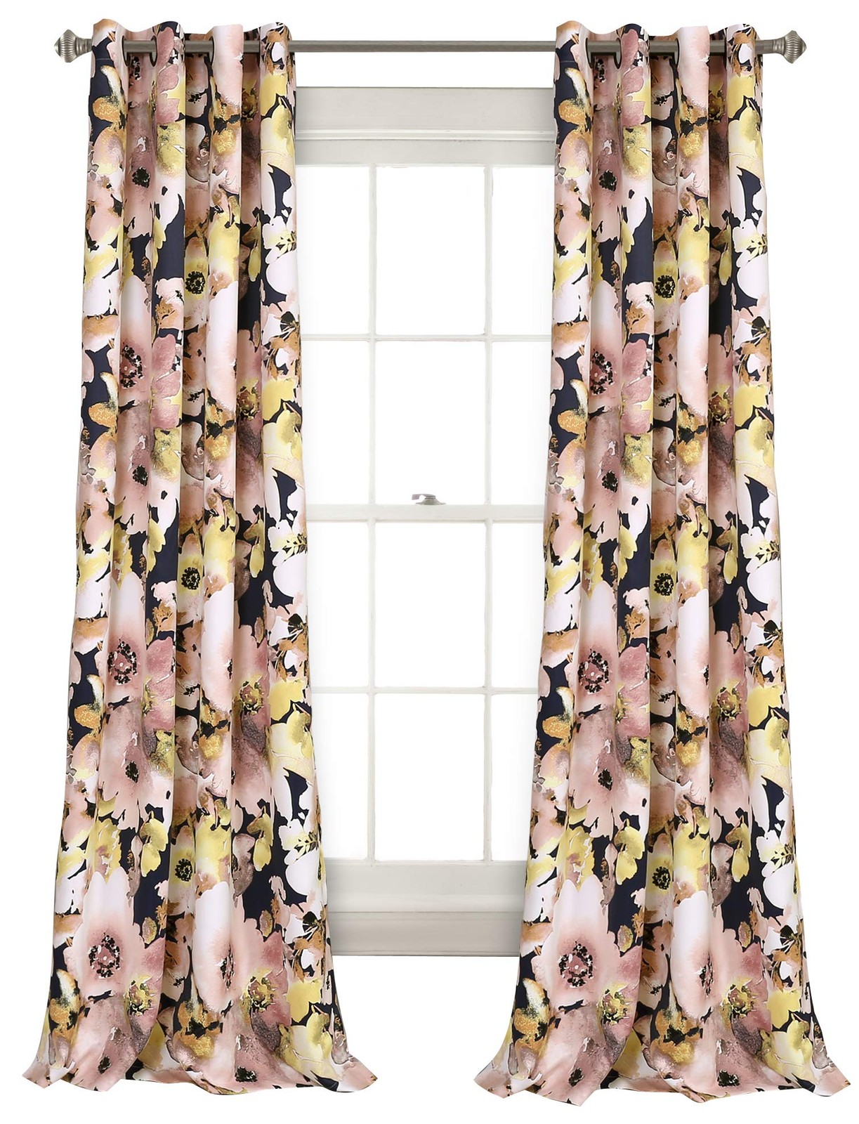 Floral Light Filtering Window Curtain Panel Pair, 84" x 52", Navy