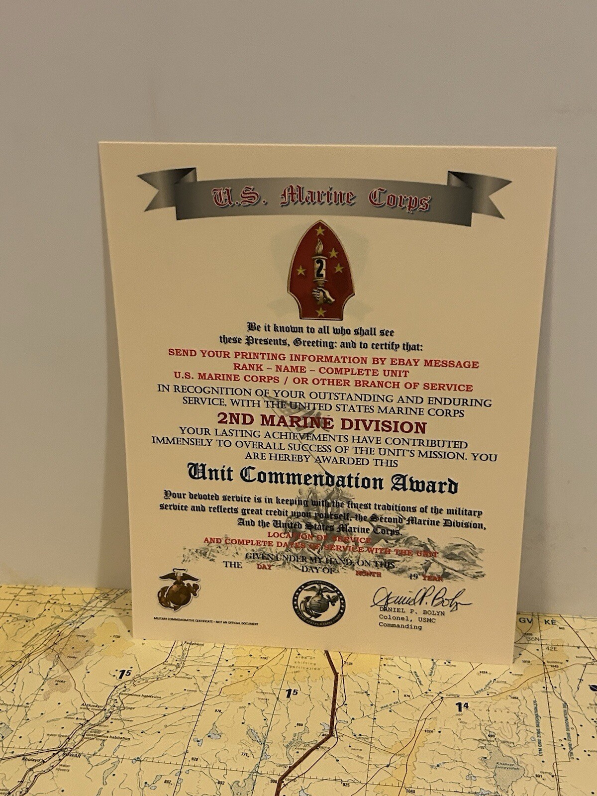 U.S.M.C. / 2ND MARINE DIVISION ~ UNIT COMMENDATION AWARD / CERTIFICATE
