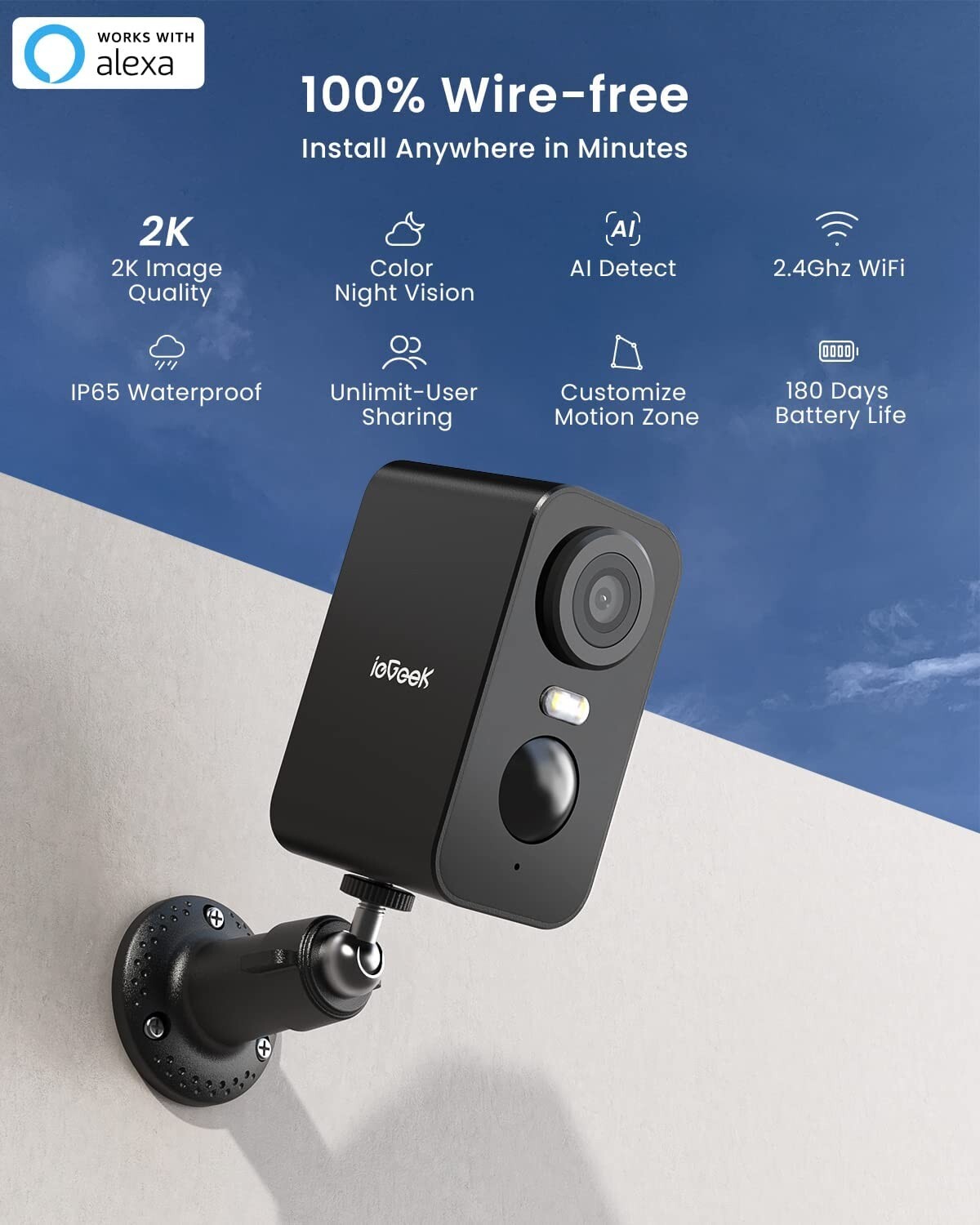 ieGeek Outdoor 2K Wireless Security Camera Home WiFi Battery CCTV System Alexa