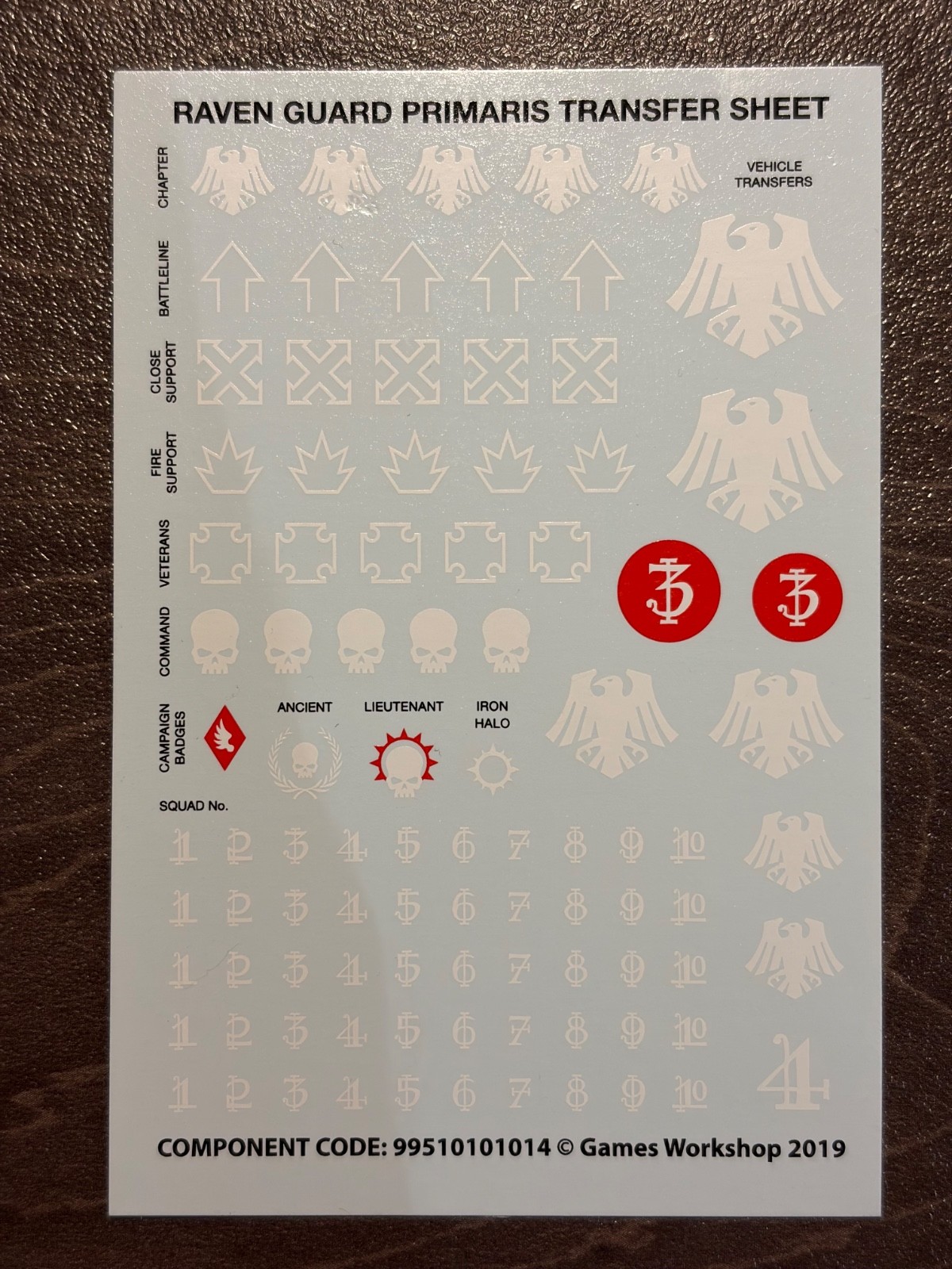 Games Workshop Warhammer 40k Raven Guard Primaris Transfer Sheet