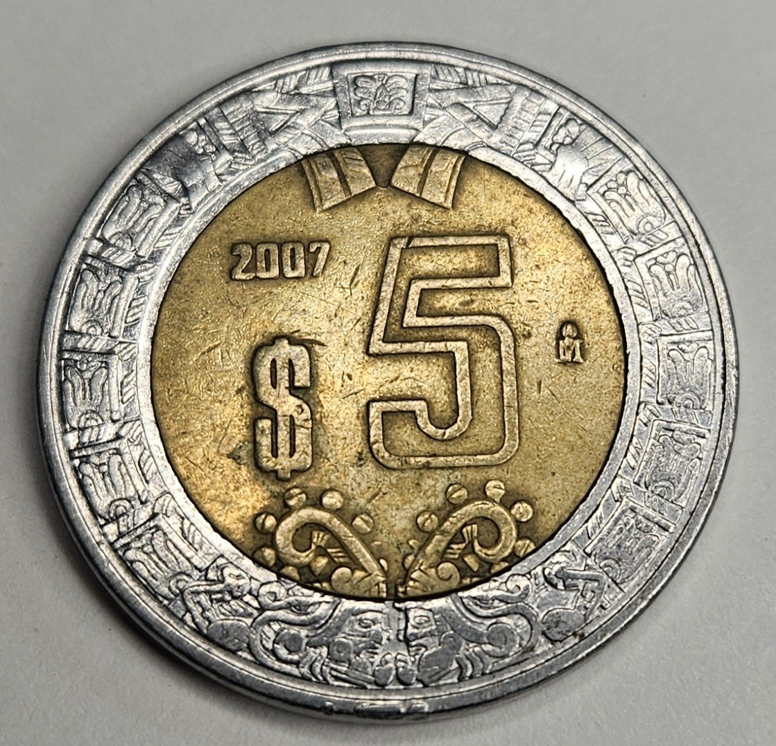 2007 Mexico 5 Five Cinco Pesos - Circulated Mexican Bi-Metallic World Coin