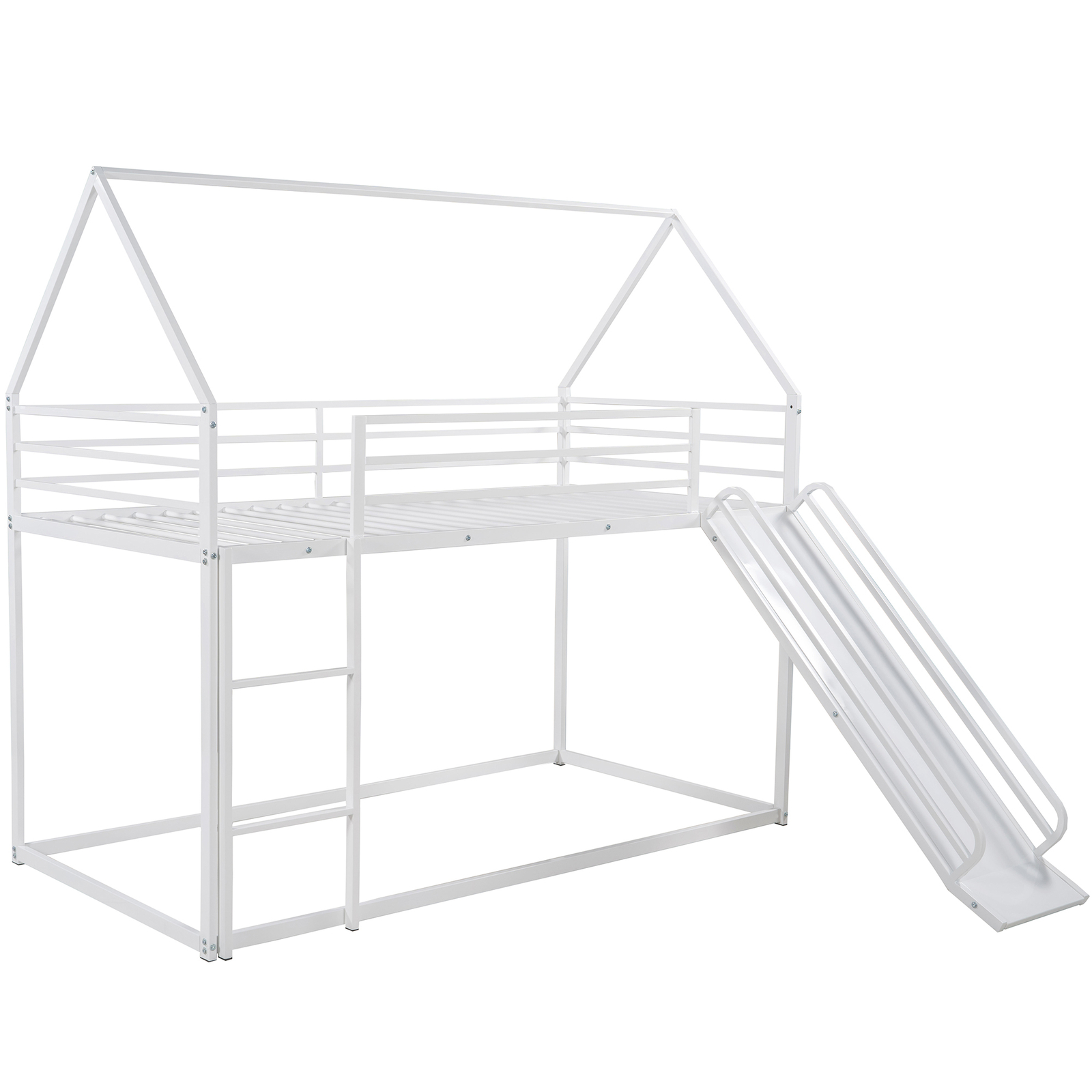 Twin over Twin Metal Bunk Bed W/ Slide /Ladder /Guardrail For Kids Teens White