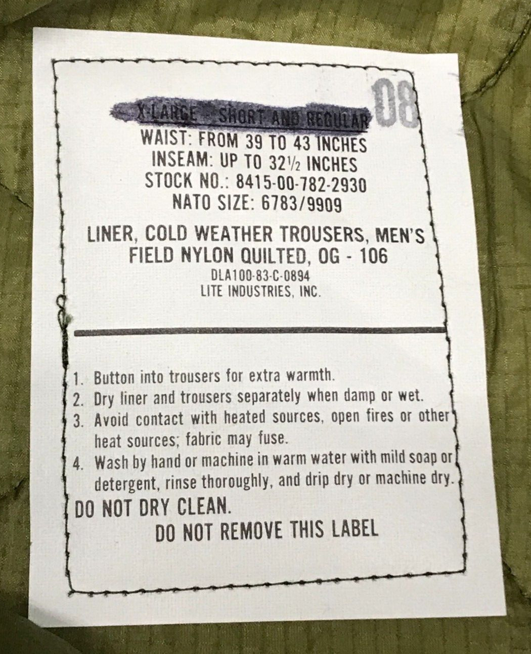 M65 Field Pants Liner X Large Short and Regular USGI