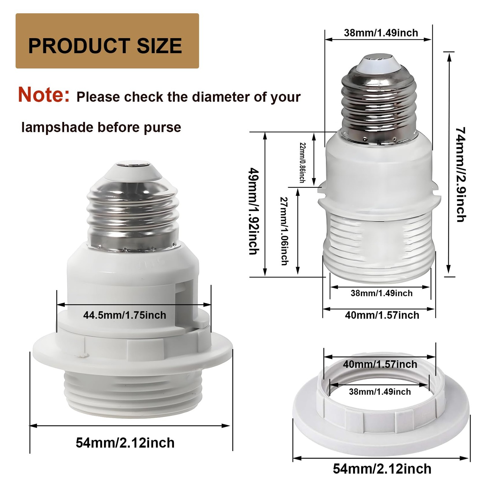 TWDRTDD E26 to Socket Extender,7.4cm/2.91 inches E27/E26 Light White