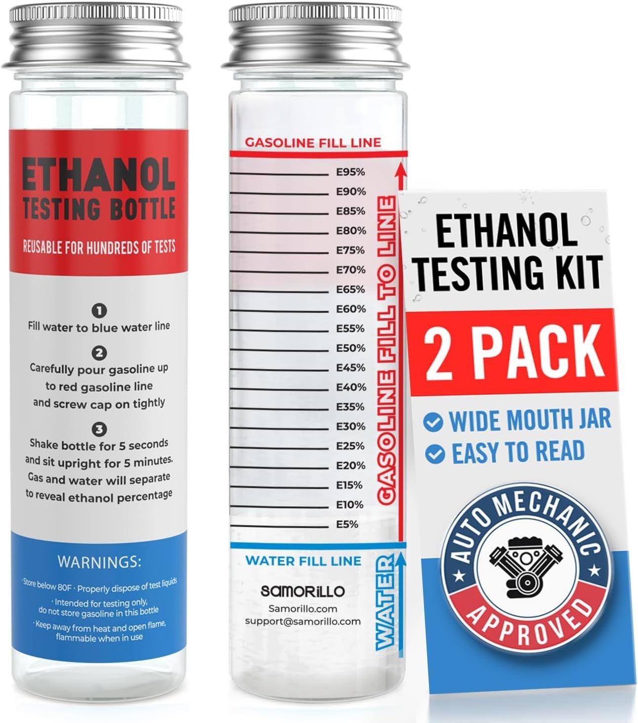 [2-Pack] Reusable Ethanol Testing Kit - Wide Mouth Fuel Test Bottle for E85