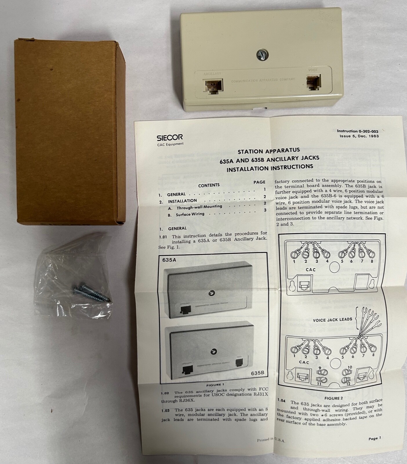 UNUSED CAC Communication Apparatus Co. 635B-6 Ancillary Telephone Jack (A6)