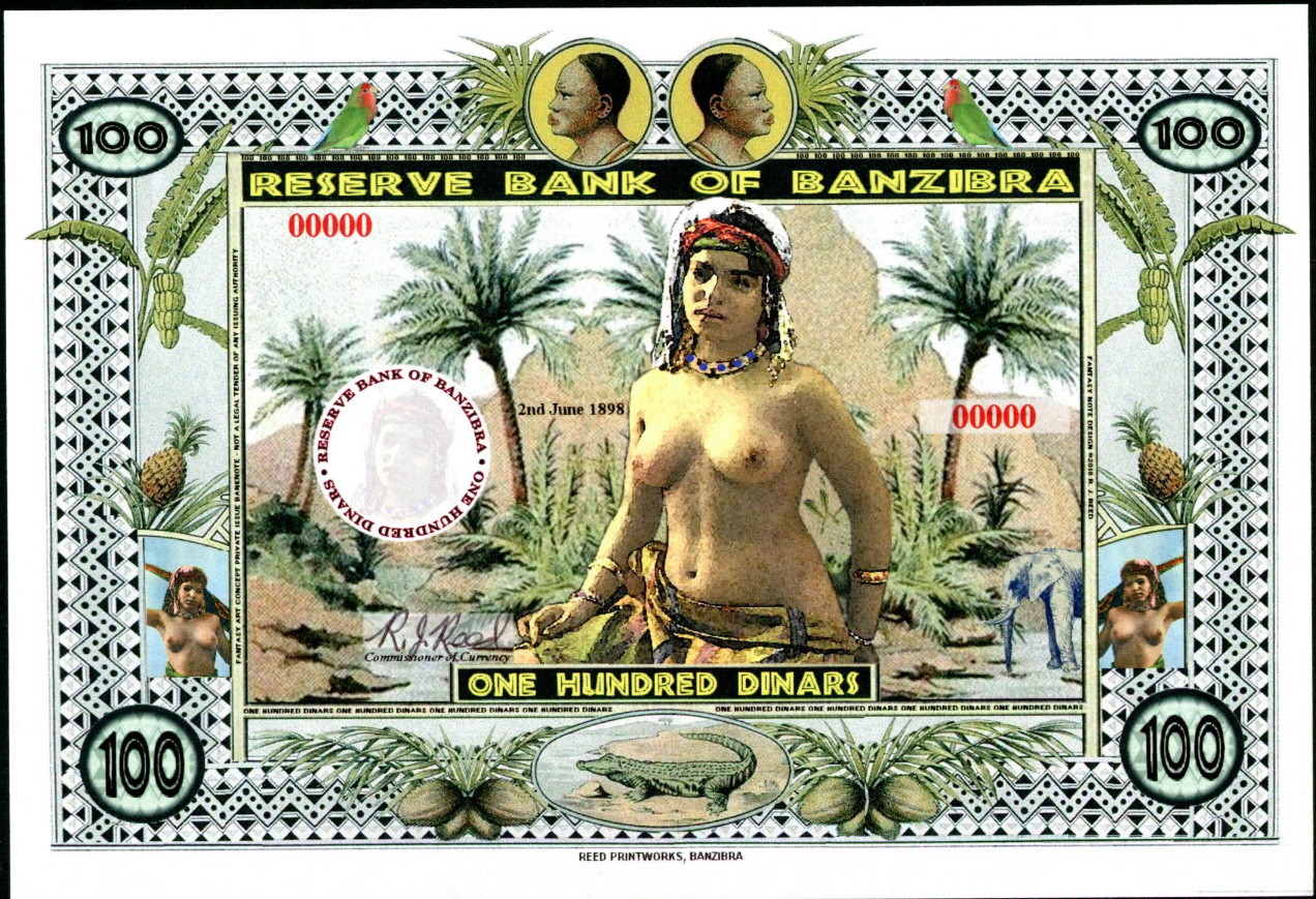 BANZIBRA 100 DINARS TOPLESS LADY ALLIGATOR ELEPHANT SPECIMEN FANTASY ART NOTE!