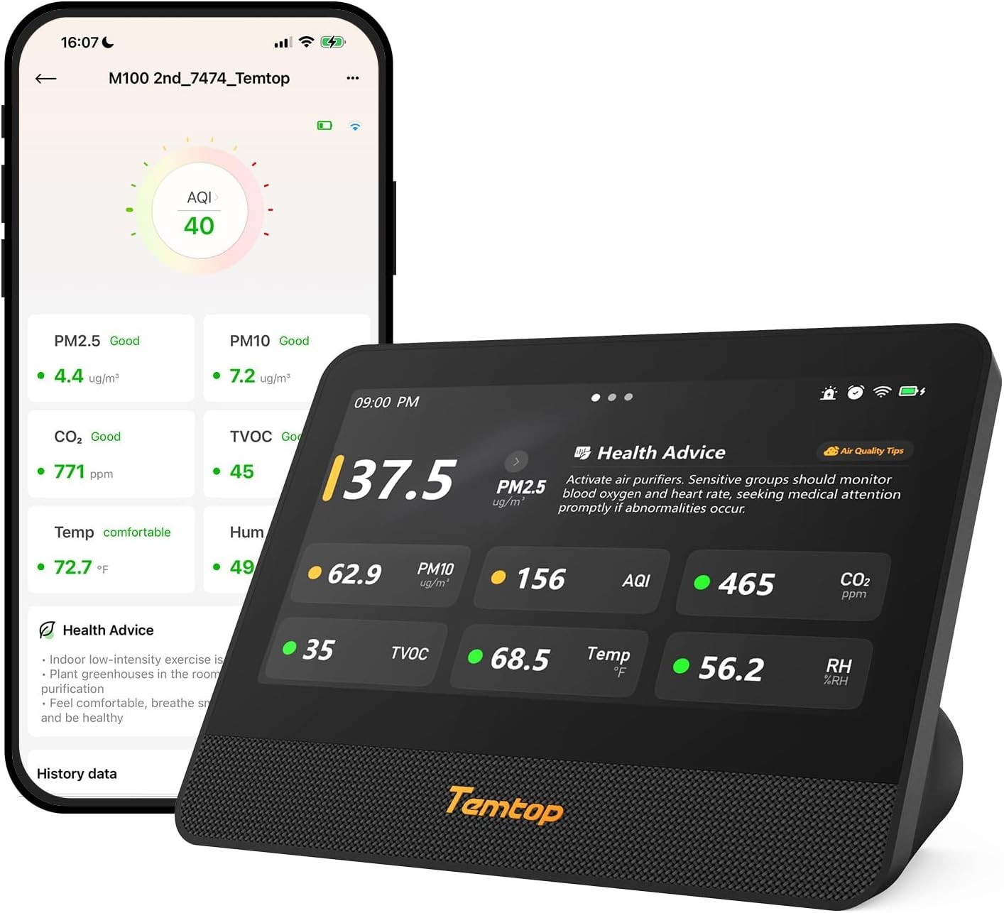 Temtop M100-2nd Air Quality Monitor PM2.5 AQI CO2 TVOC Tester Mulit-Room LoRa