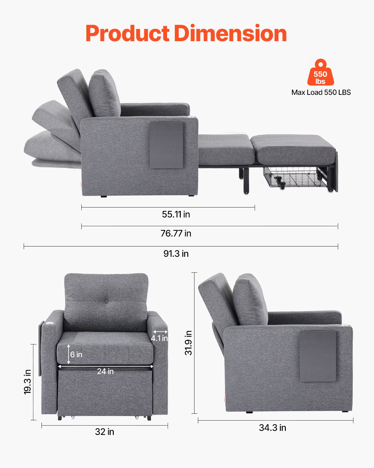 Convertible Sleeper Sofa Bed w/ Storage, Pillow, Desk, Wheels, Gray, 5-Position
