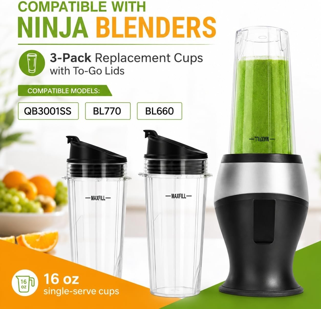 16 oz Ninja Blender Cups Replacement, 3 Pack Cups with Lids, Compatible with QB3