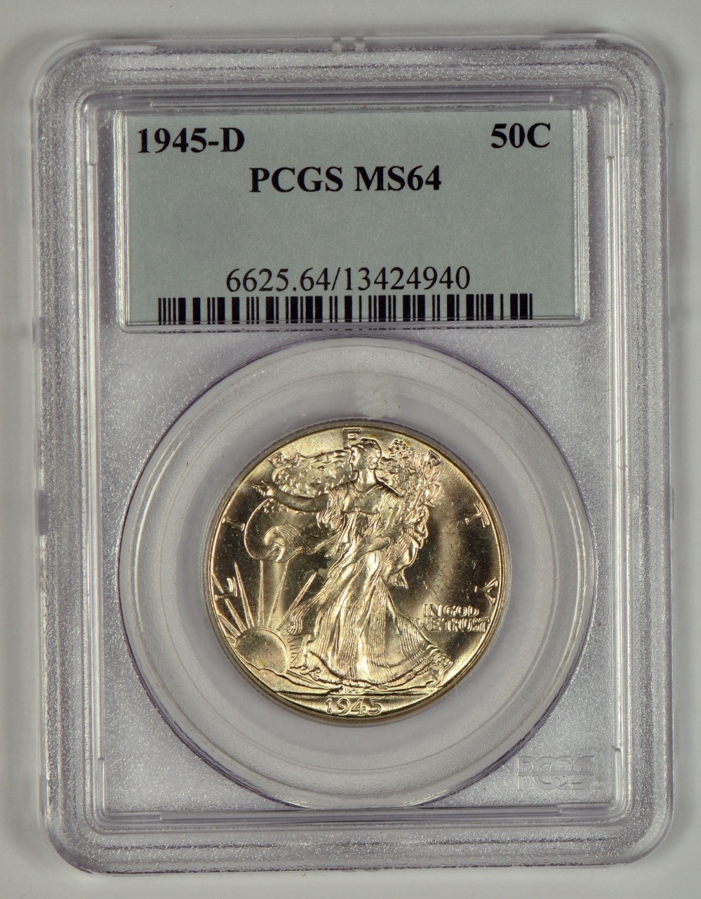 1945-D Walking Liberty Half Dollar from the Denver Mint graded MS64 by PCGS