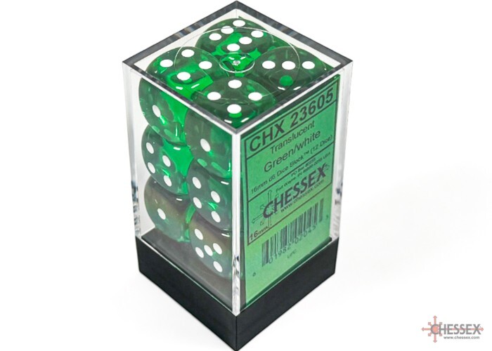 Chessex d6 16mm 12 Dice Set Translucent Green with White Pips block CHX 23605