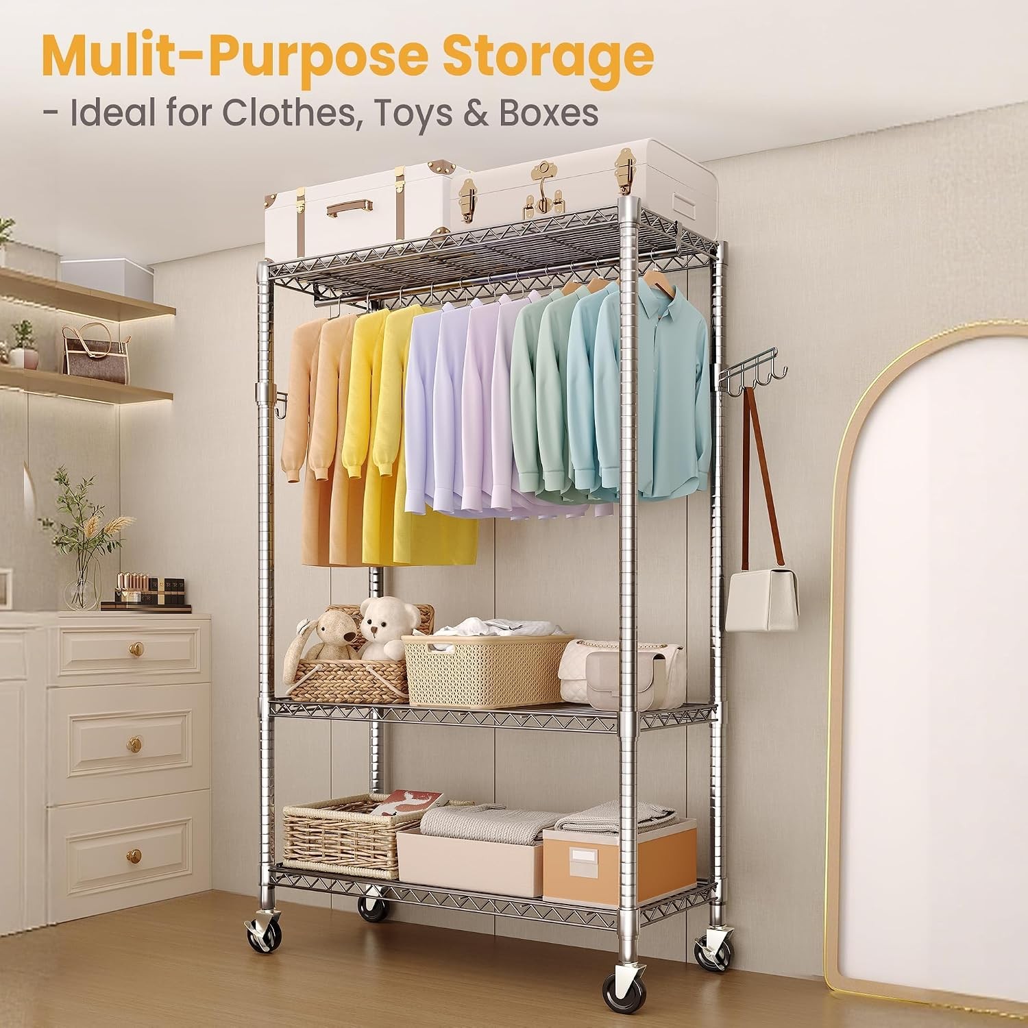 Heavy Duty Clothes Rack w/ Side Hooks Rolling Clothing Rack for Hanging Clothes