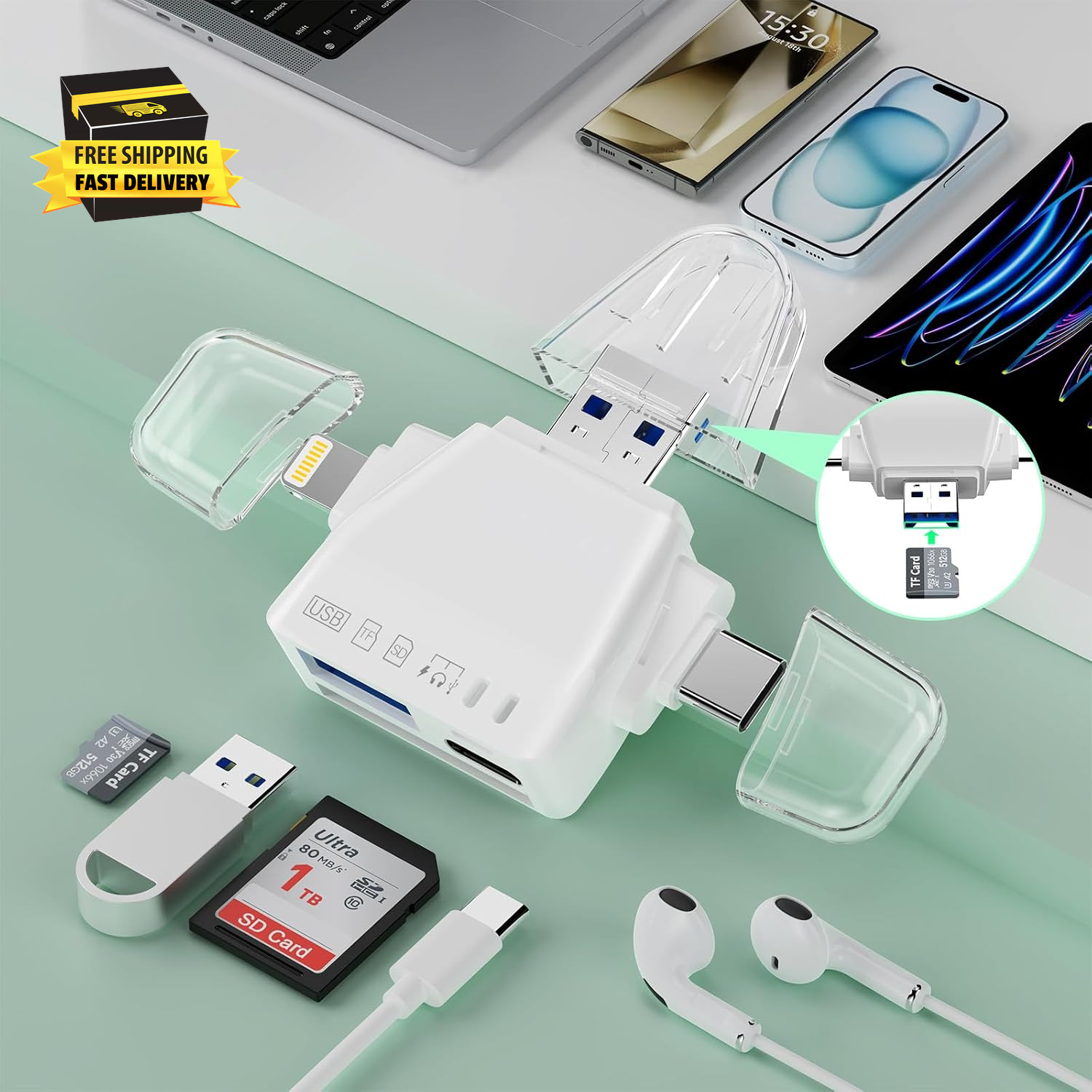 7-IN-1 USB3.0 Lightning+Usb C+USB a Sd/Tf/Micro SD Memory Card Reader for Iphone