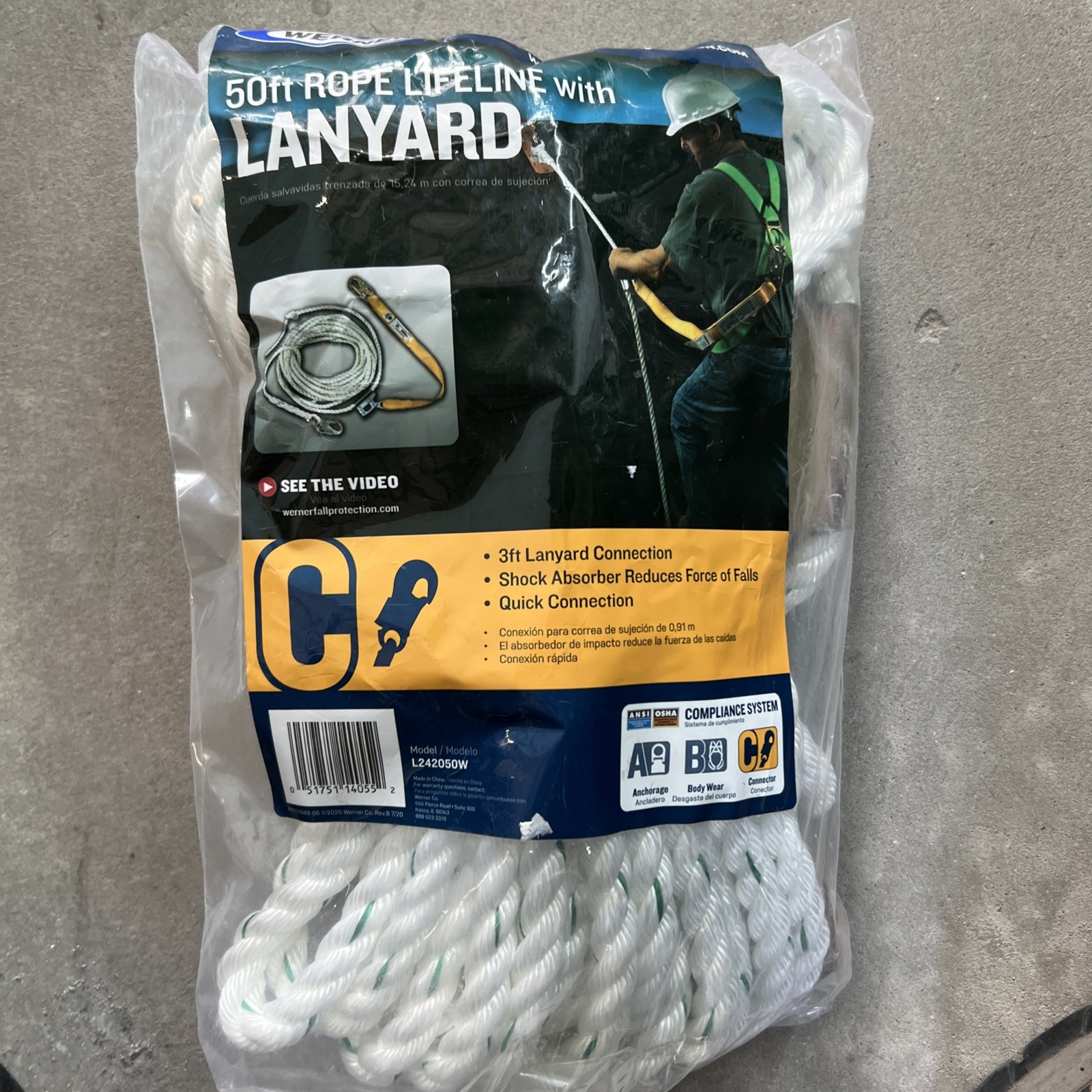 Werner L242050W 50ft Fall Protection Rope Lifeline With Lanyard ANSI & OSHA NEW