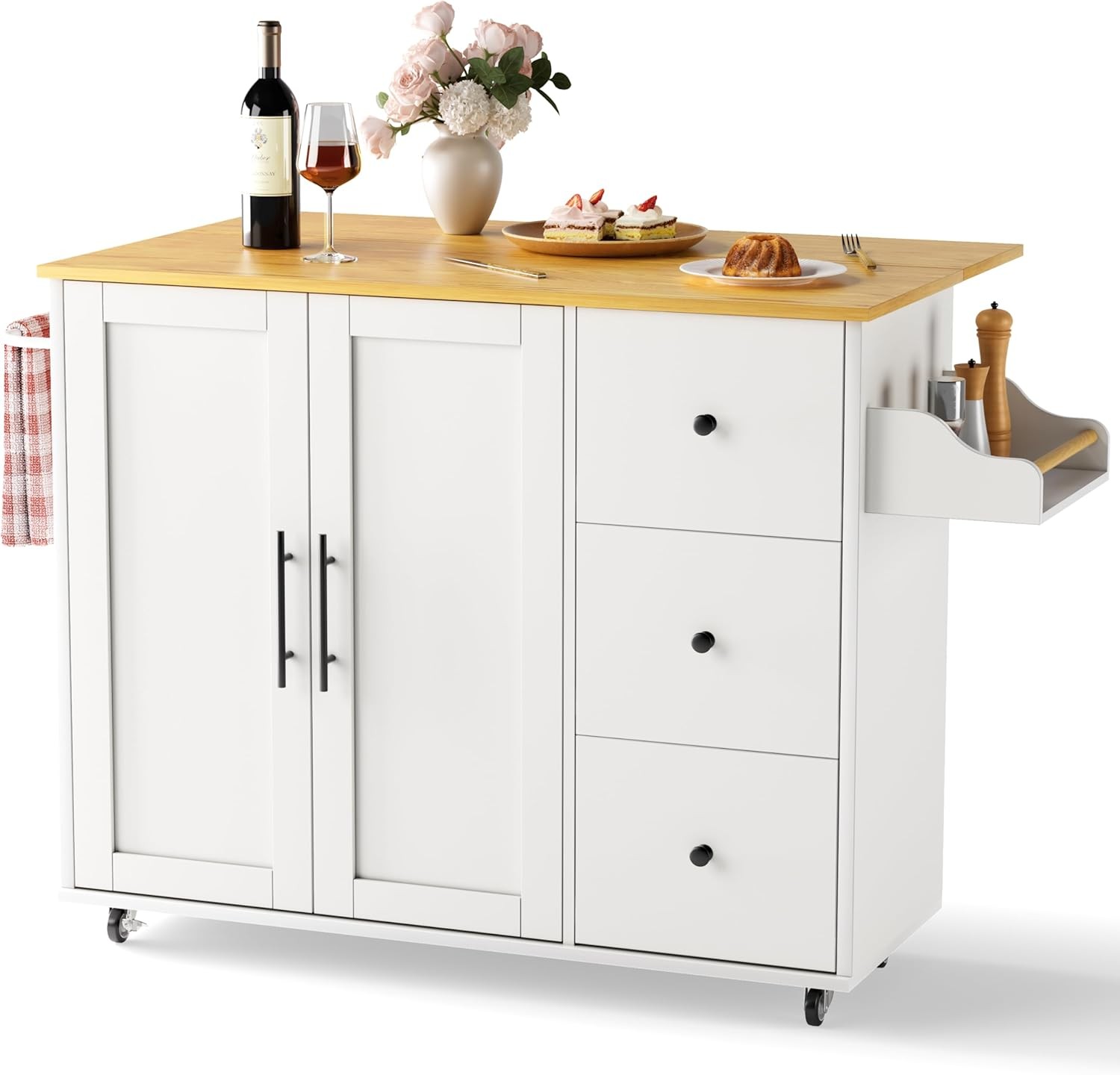 Rolling Kitchen Island White 39.37 Inch Drop Leaf Spice Towel Rack