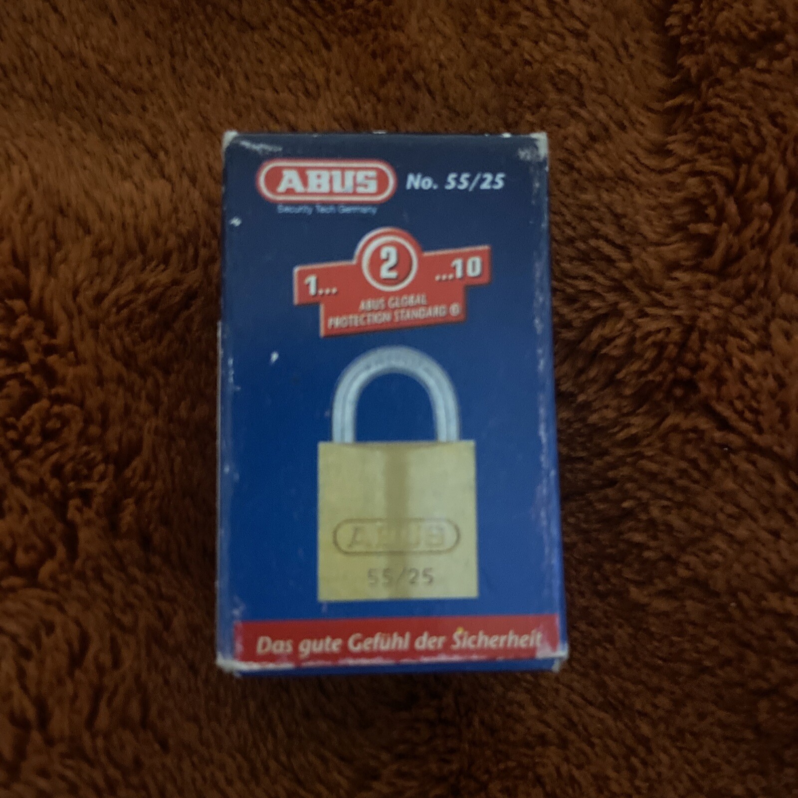 Brand New In Box ABUS 55/25 KA 5253 Keyed Padlock, Rectangle, Gold With Key