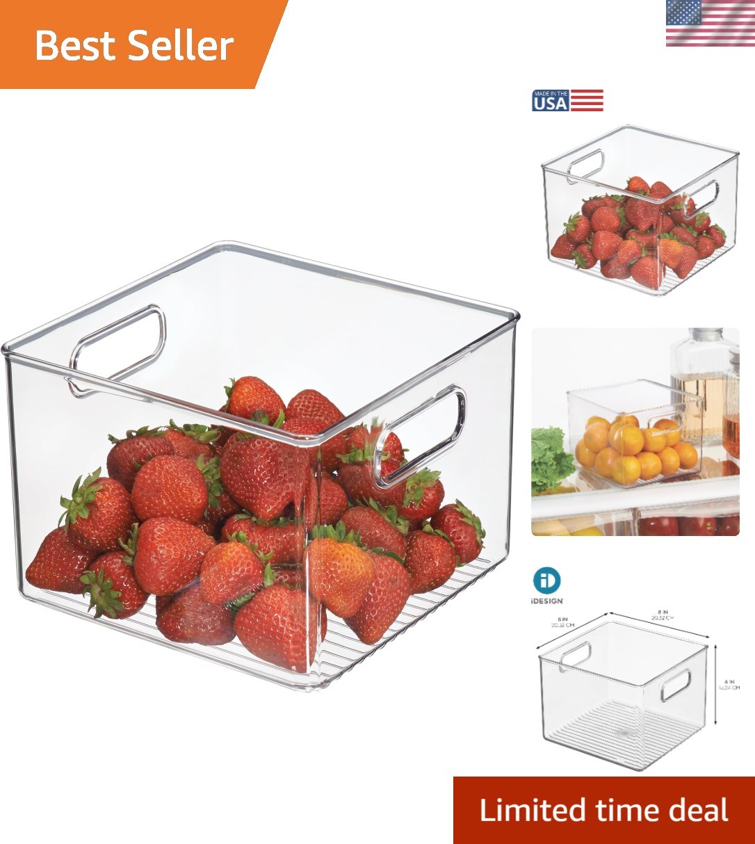 Stackable Clear Plastic Pantry Storage Bin with Handles - Measures 8"L X 8"W