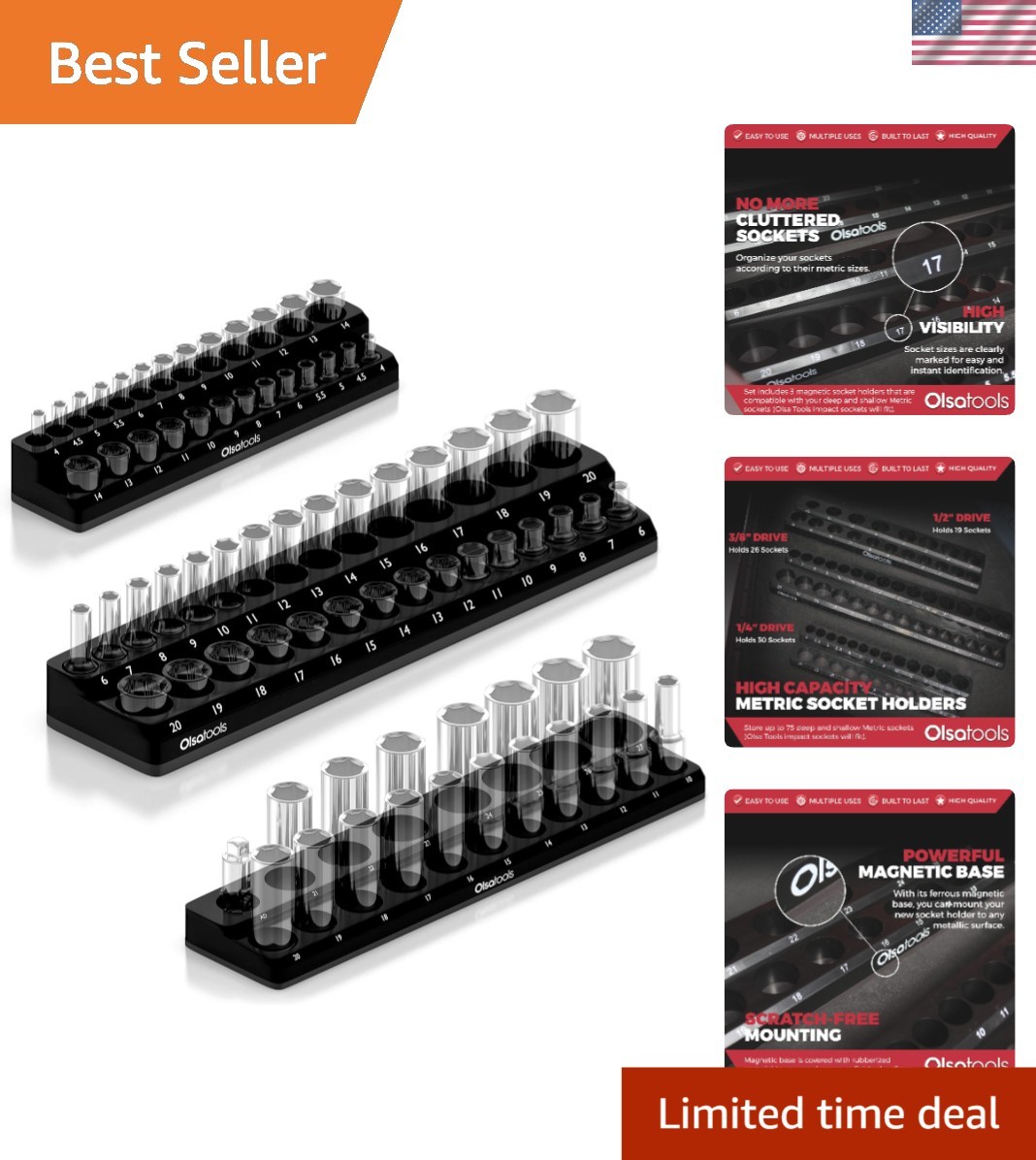 Efficient Magnetic Socket Organizer - 3-Piece Set for Deep & Shallow Sockets