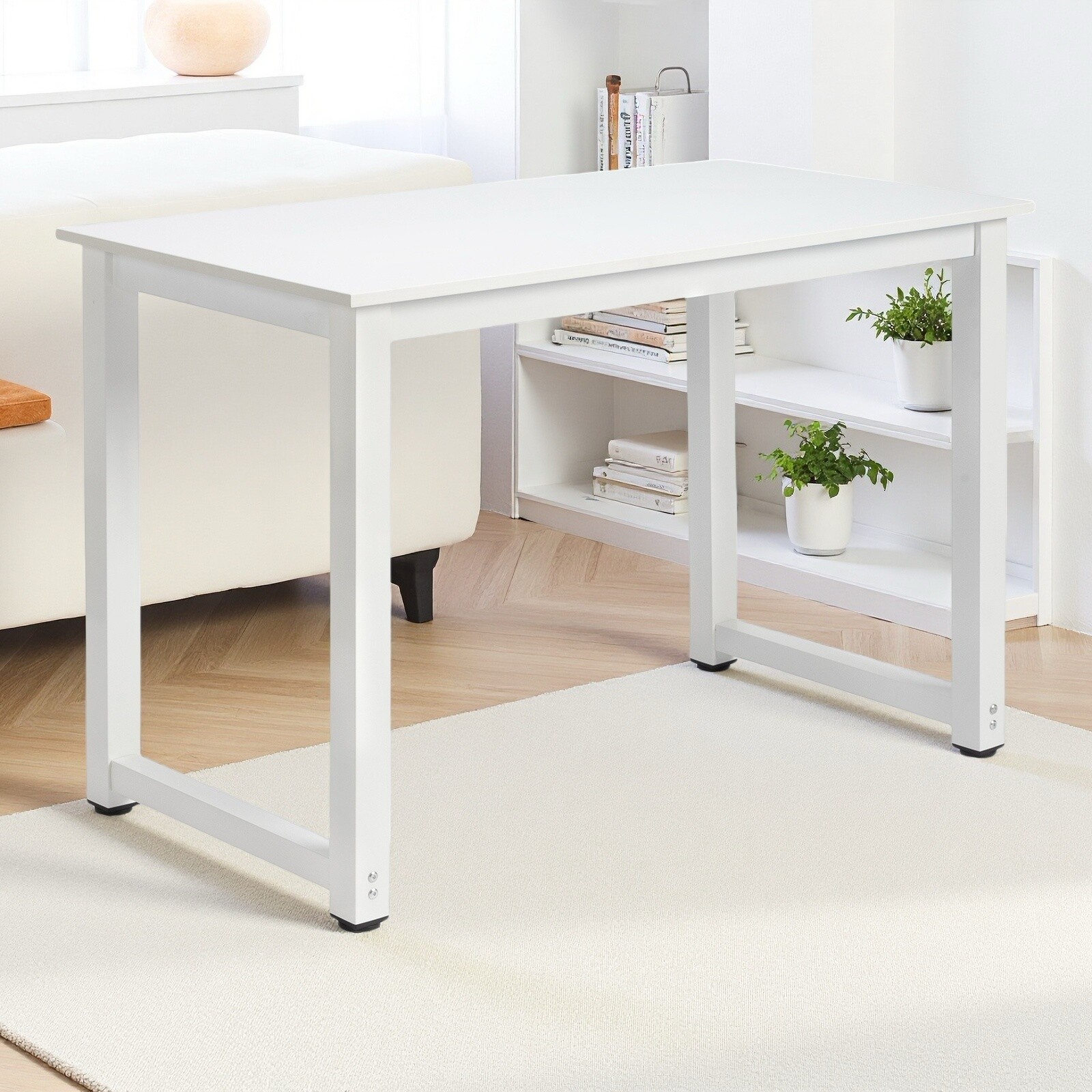 Simple Computer Desk - Portable, White, Steel White Frame & Adjustable Foot Pad