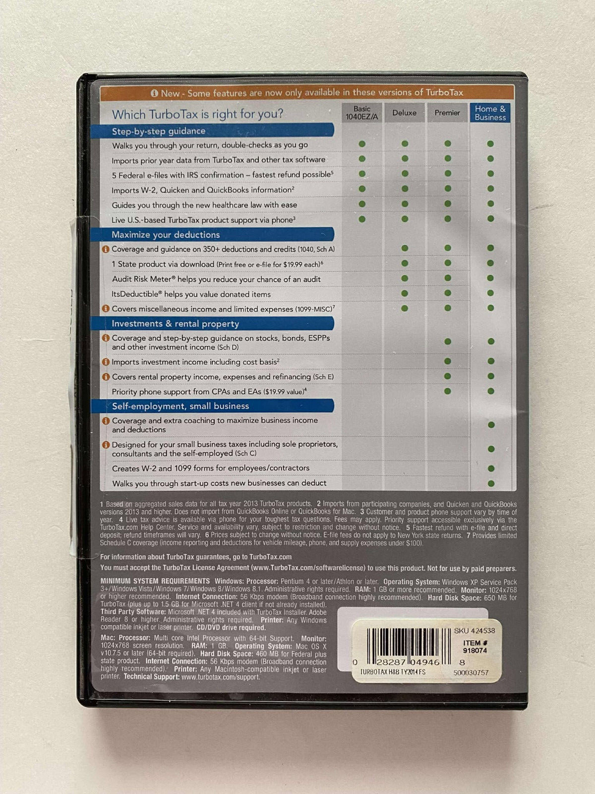 Turbotax 2014 Home And Business Personal Small Federal And State NO E-FILE NEW