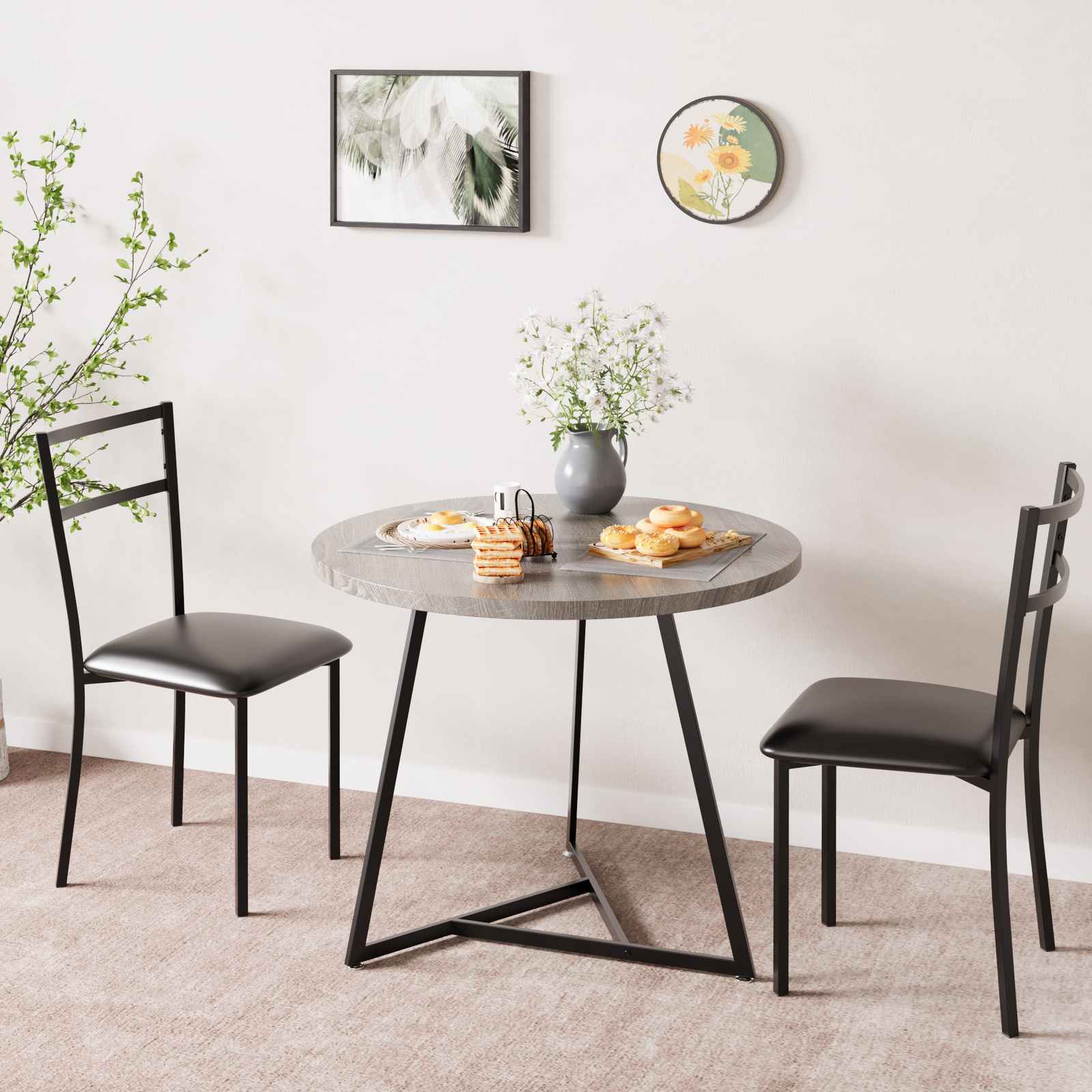 Compact 3-Piece Dining Set for 2, Small Kitchen Breakfast Round Table Set