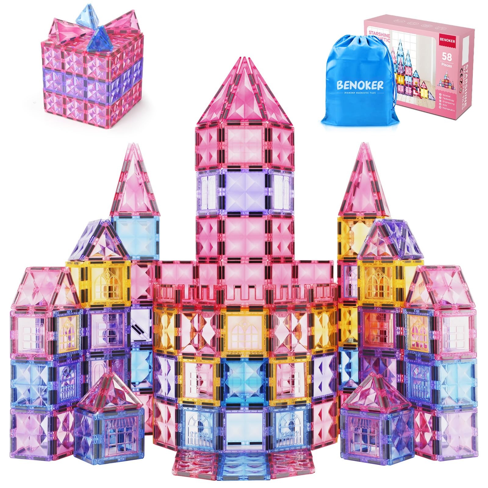 BENOKER Pink Castle Magnetic Tiles for Kids 3-8, 3D STEM Toys, 58 Pcs