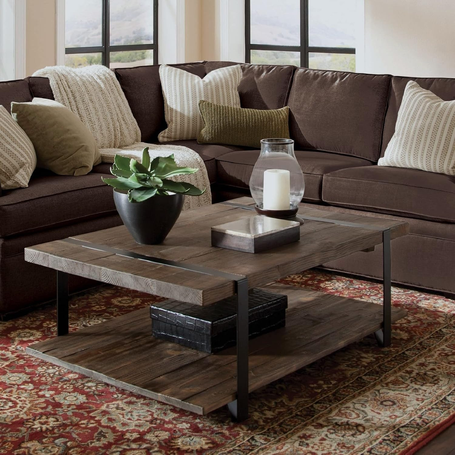 Modesto 48-Inch Reclaimed Wood Coffee Table, Rustic Natural Pine Finish with Met