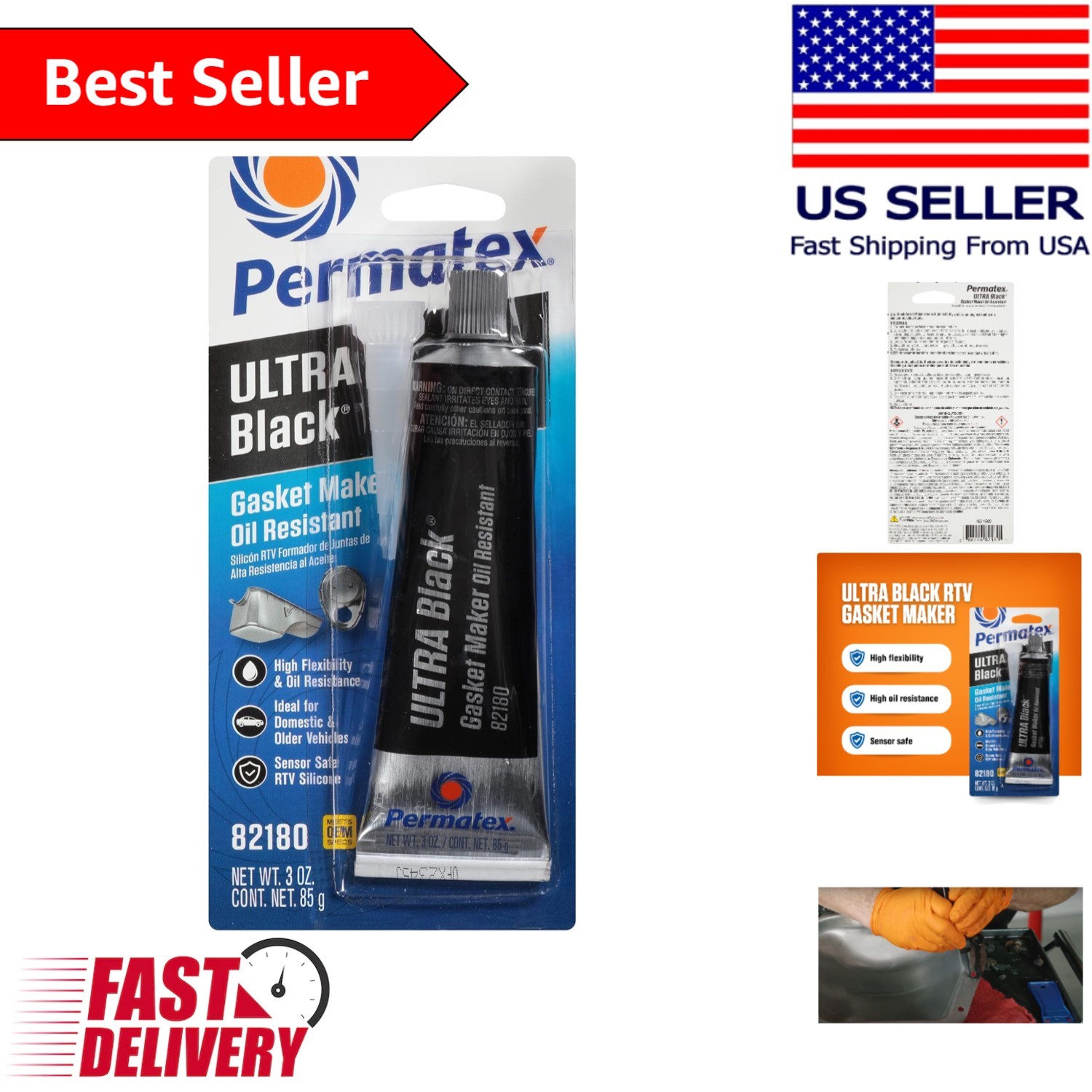 Sensor Safe Ultra Black RTV Gasket Maker - 3 oz Non-Corrosive & Flexible Sealant