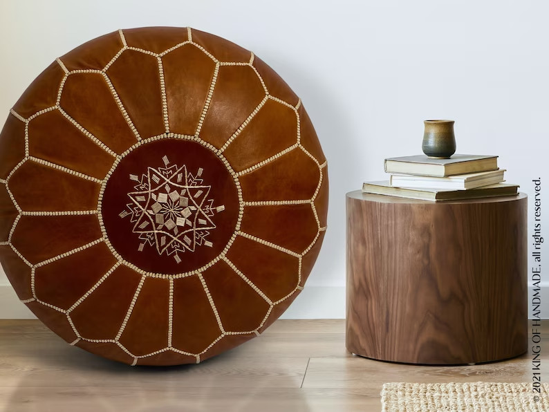Premium Moroccan Leather Pouffe Brown Round Ottoman Footstool Decor Unstuffed