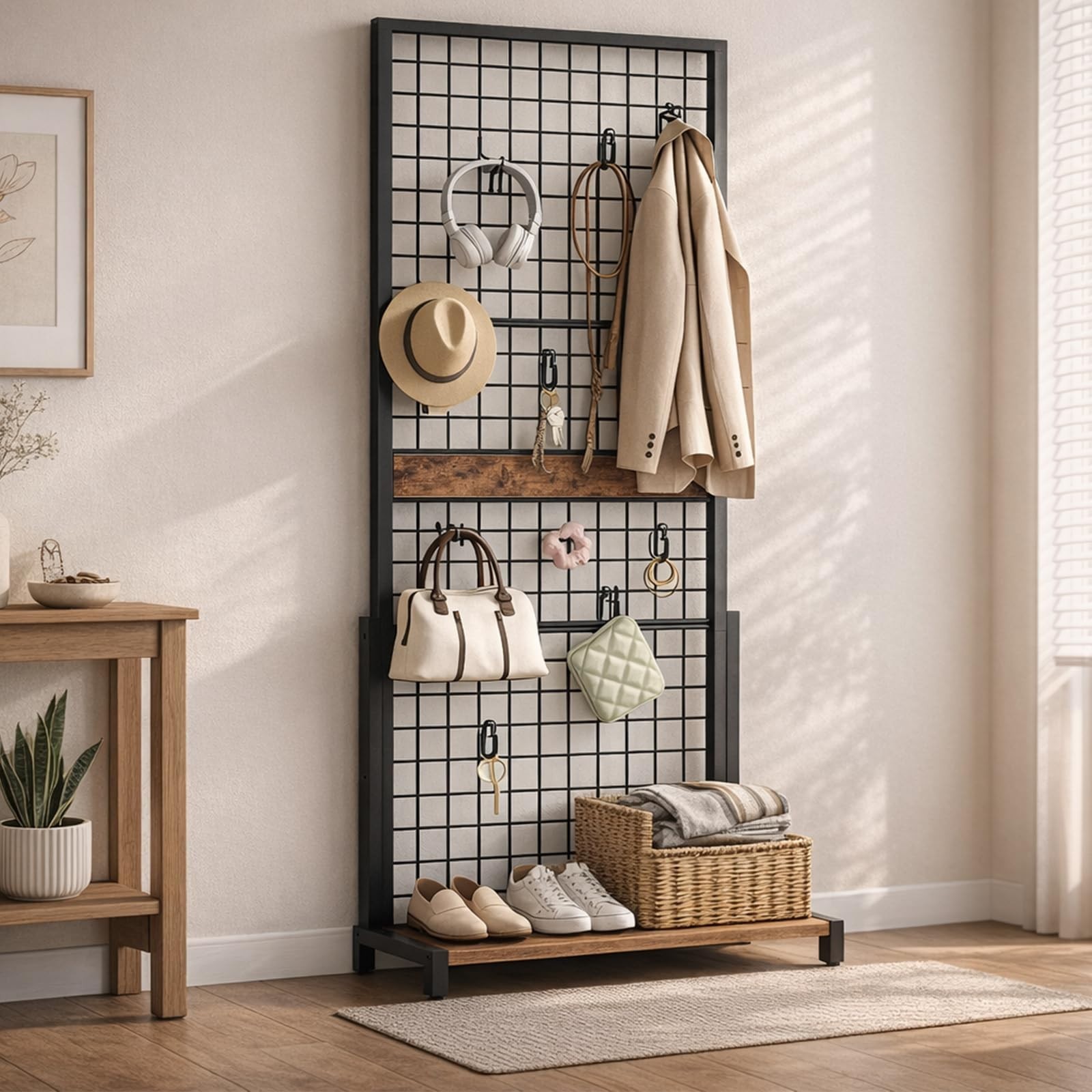 Movable Grid Display Rack 5.6' x 2.1' Ft, Wire Panel Stand with Hooks for Storag