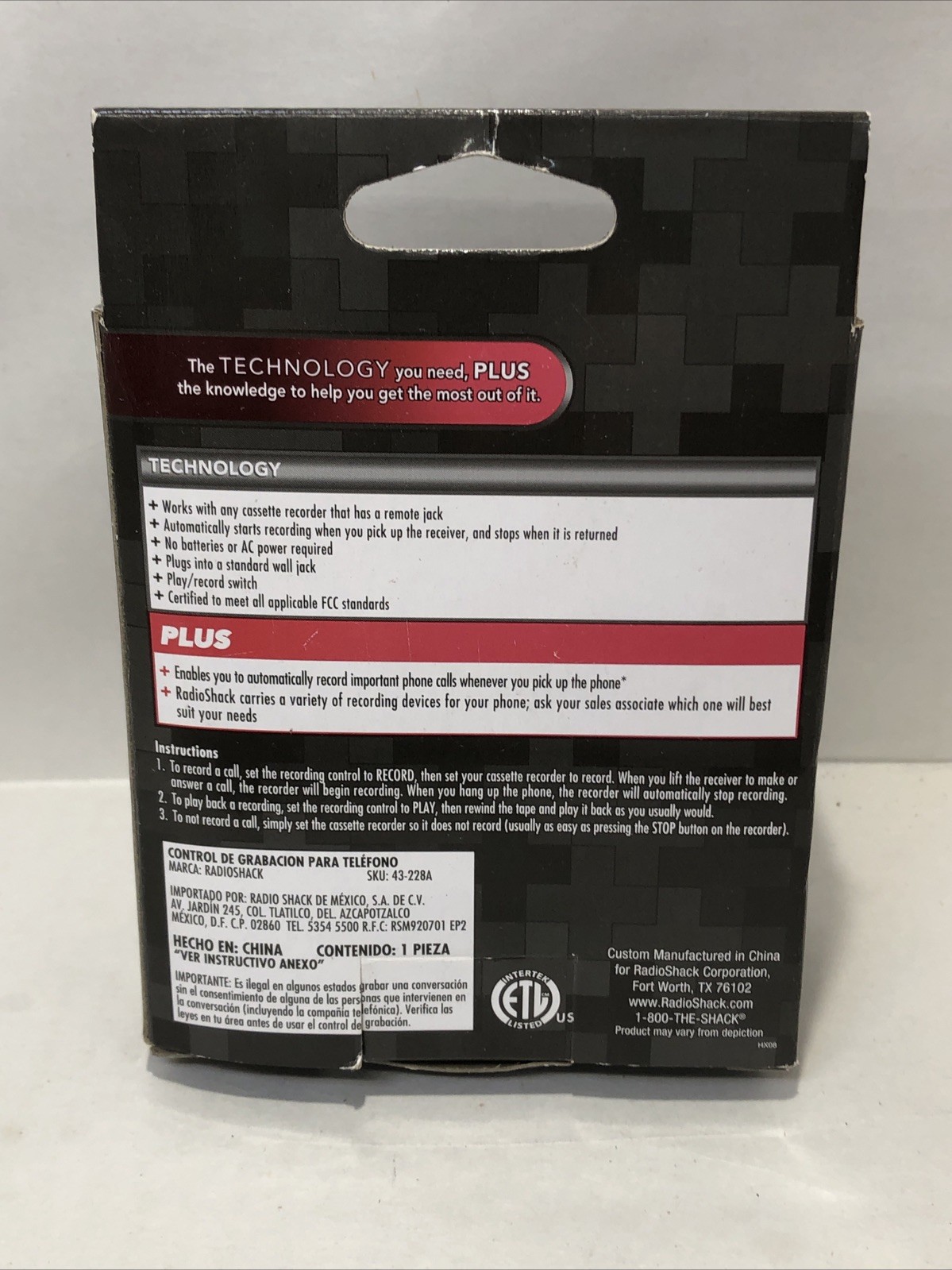 RadioShack Telephone Recording Control 43-228A