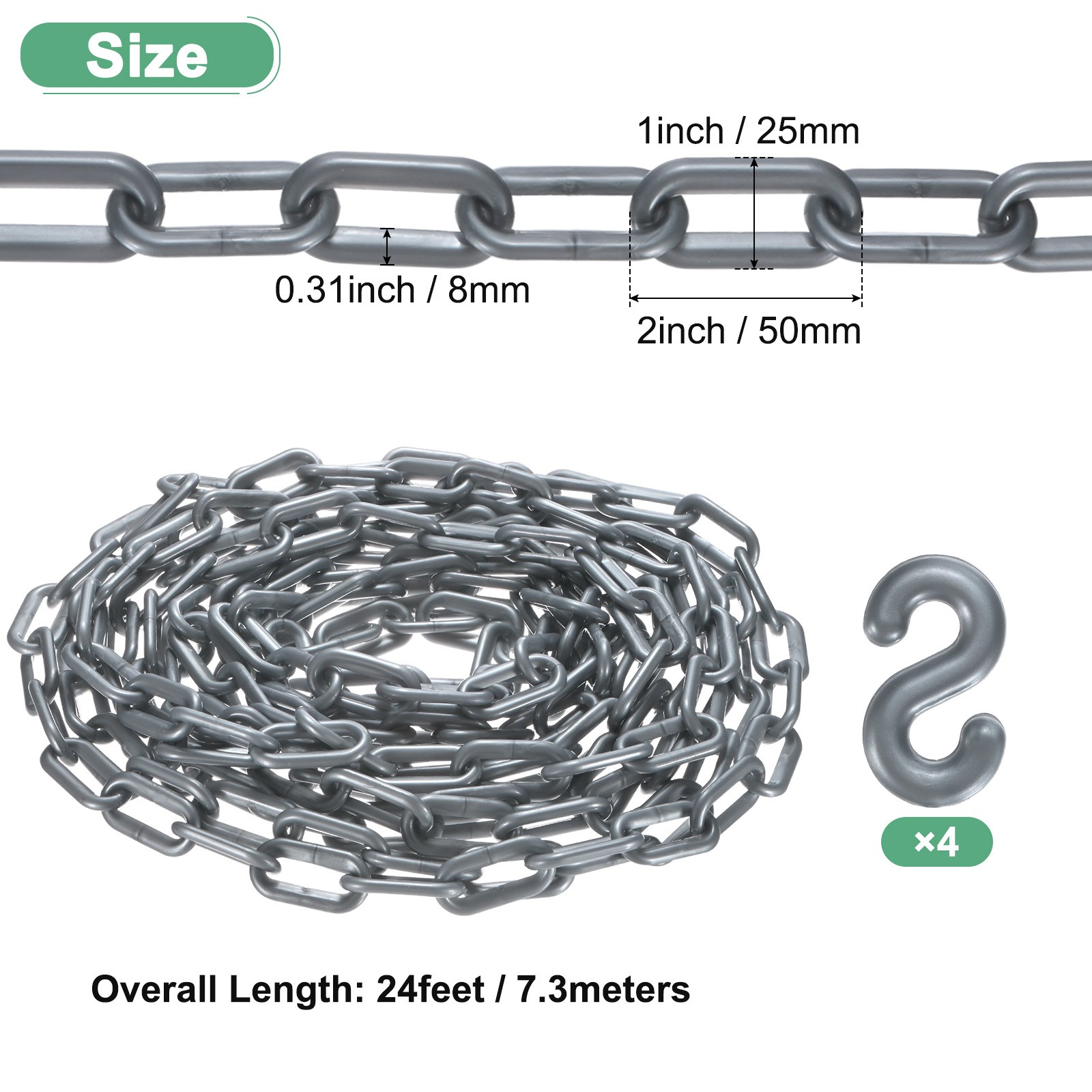Plastic Barriers Chain, 24Ft Length Gray Plastic Safety Chain Link