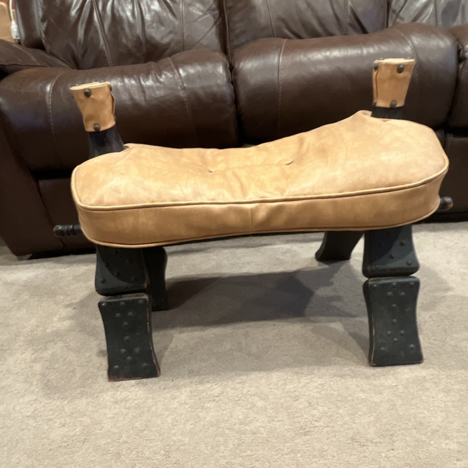 Vintage Camel Saddle Stool / Bench – Leather & Wood / Moroccan Style