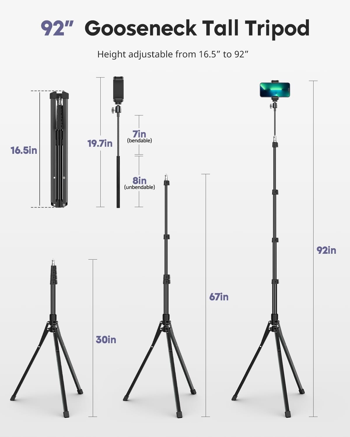 Aureday Phone Tripod 92" with Gooseneck & Remote for iPhone Android