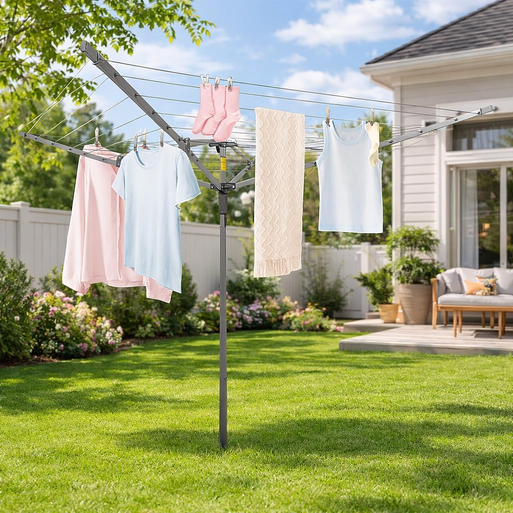 Outdoor Rotary Clothesline with Ground Spike, 4 Arm Umbrella Clothes Drying Rack