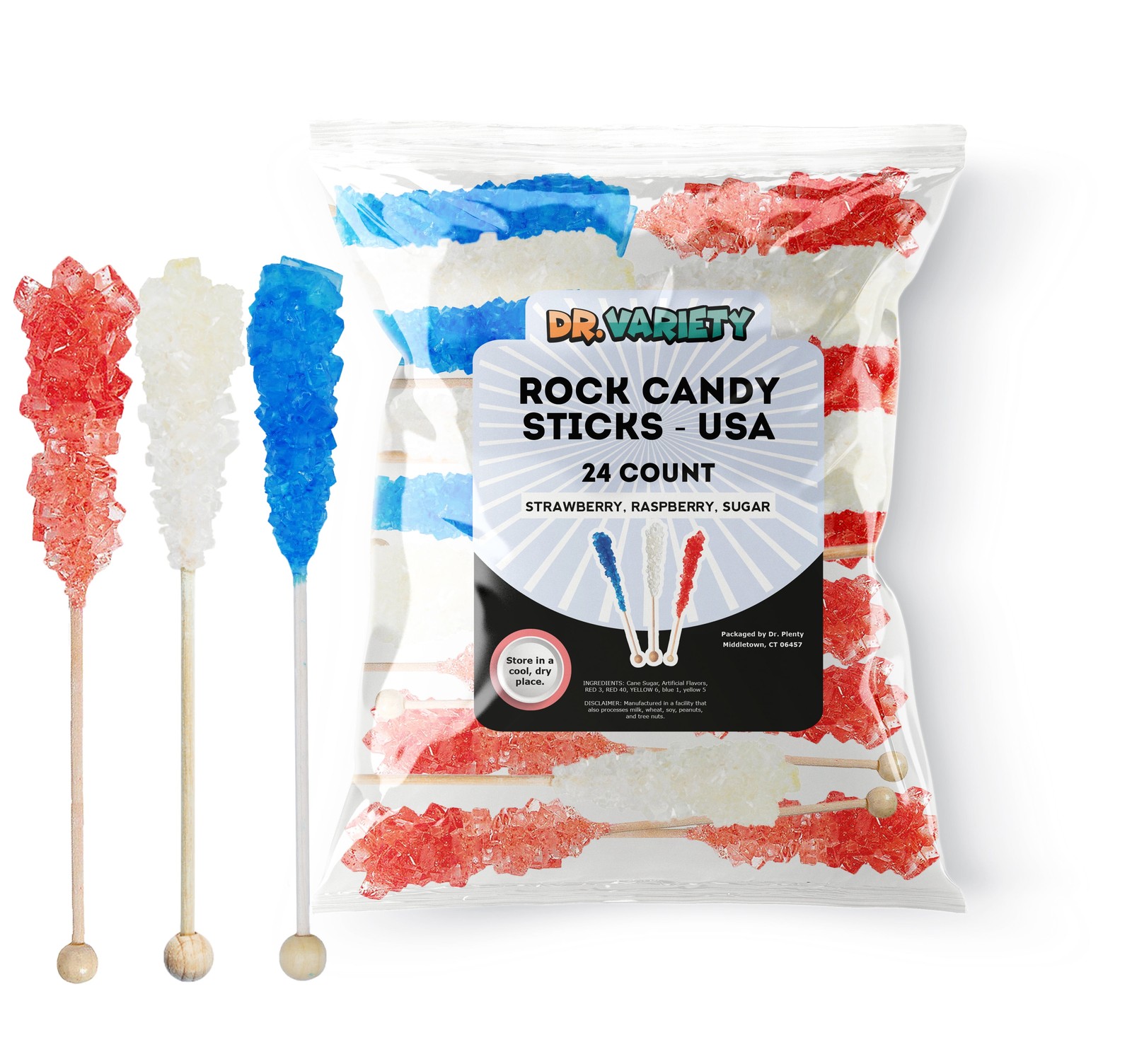 USA Rock Candy Sticks – Red, White & Blue Sugar Flavor, 24 Pack Bulk Individu...