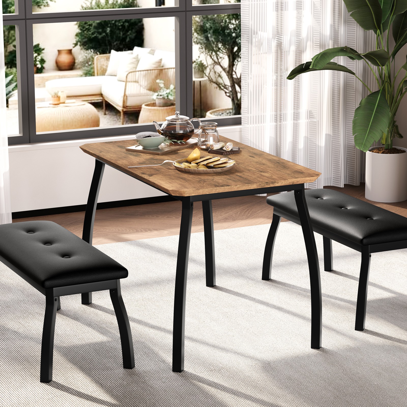 Space-Saving 3-Piece Dining Table Set Modern Wooden Table & Upholstered Benches