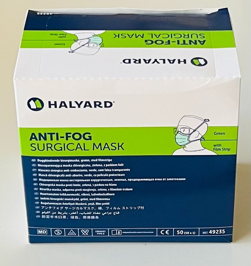 One Box/50 Disposable Anti-Fog Three Layer,Pleat-S W/Ties&Film Strip-Green/49235
