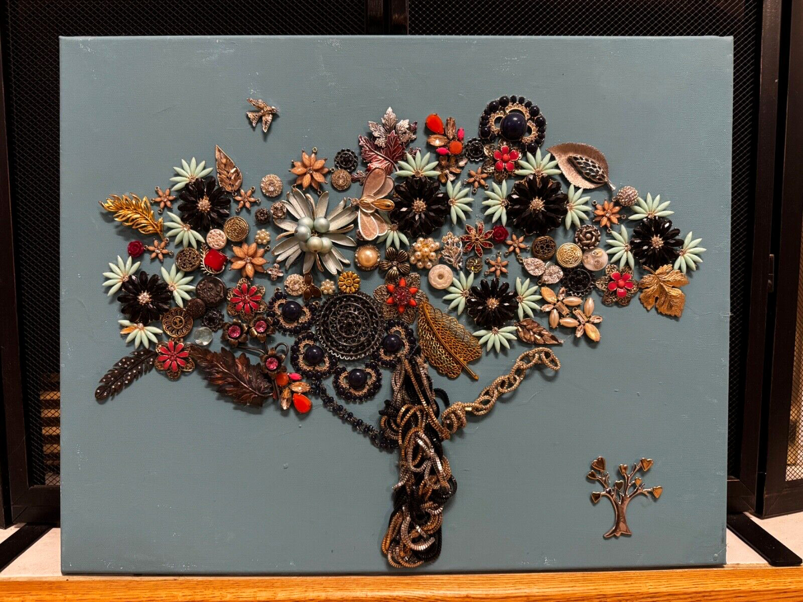 (1-of-a-Kind) Jewelry to Canvas Art Piece -Handmade- Sparkling Tree 20x16