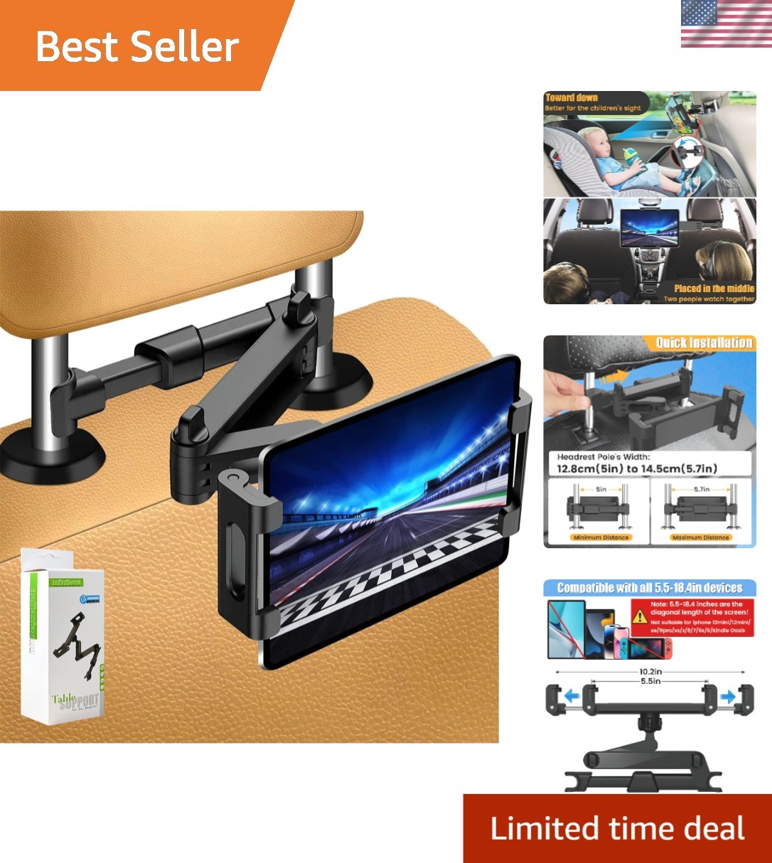 Car Headrest Tablet Holder for Family Travel - Fits All 5.5-18.4 Inch Devices