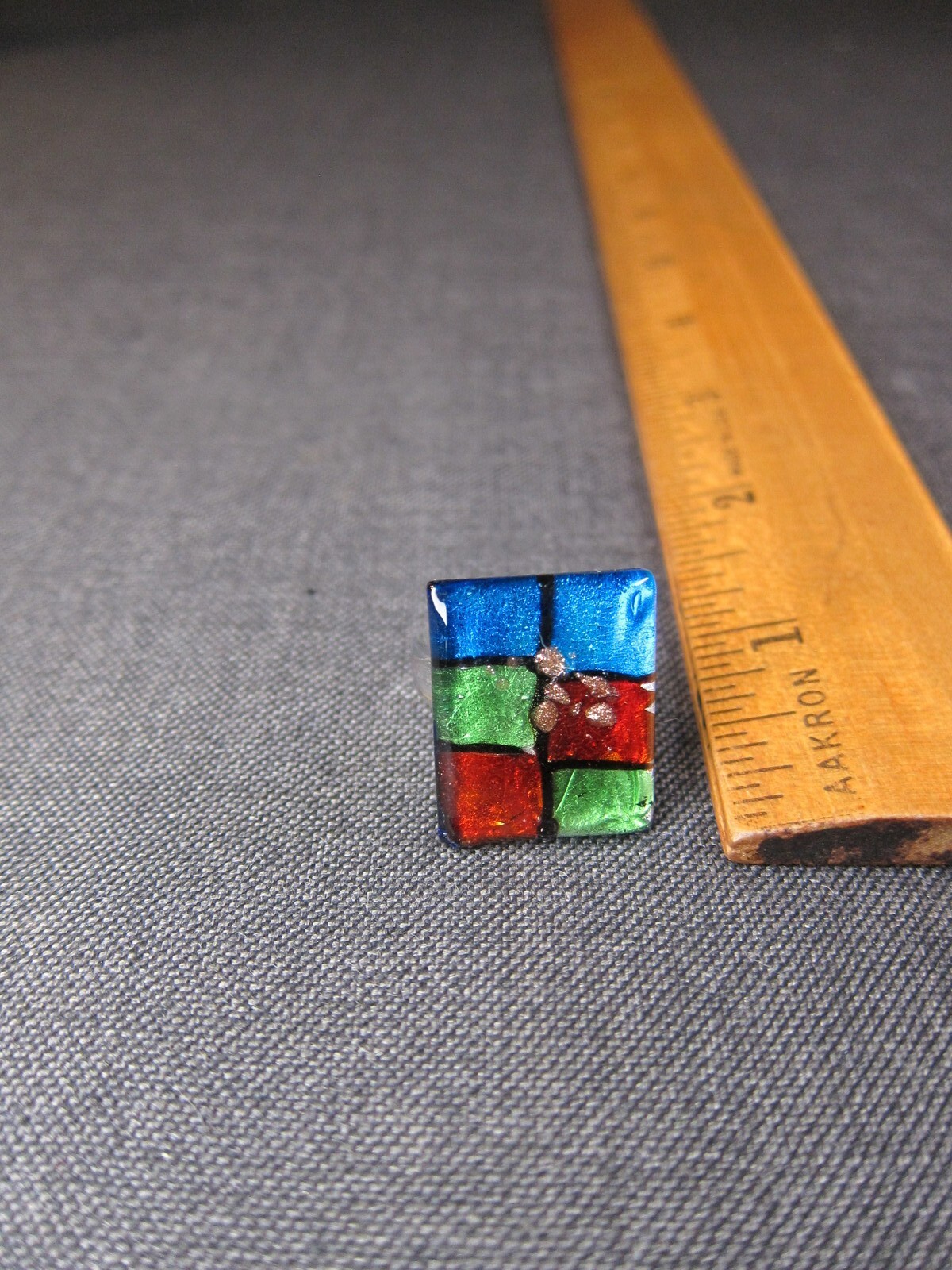 Neat colorful handblown dichroic glass cocktail ring just under a 7