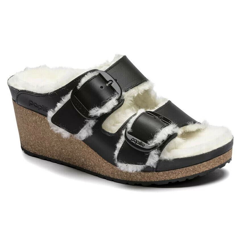 New in-Box Birkenstock Women's Nora Wedge Sandals Shearling sz 8,10 Narrow Black