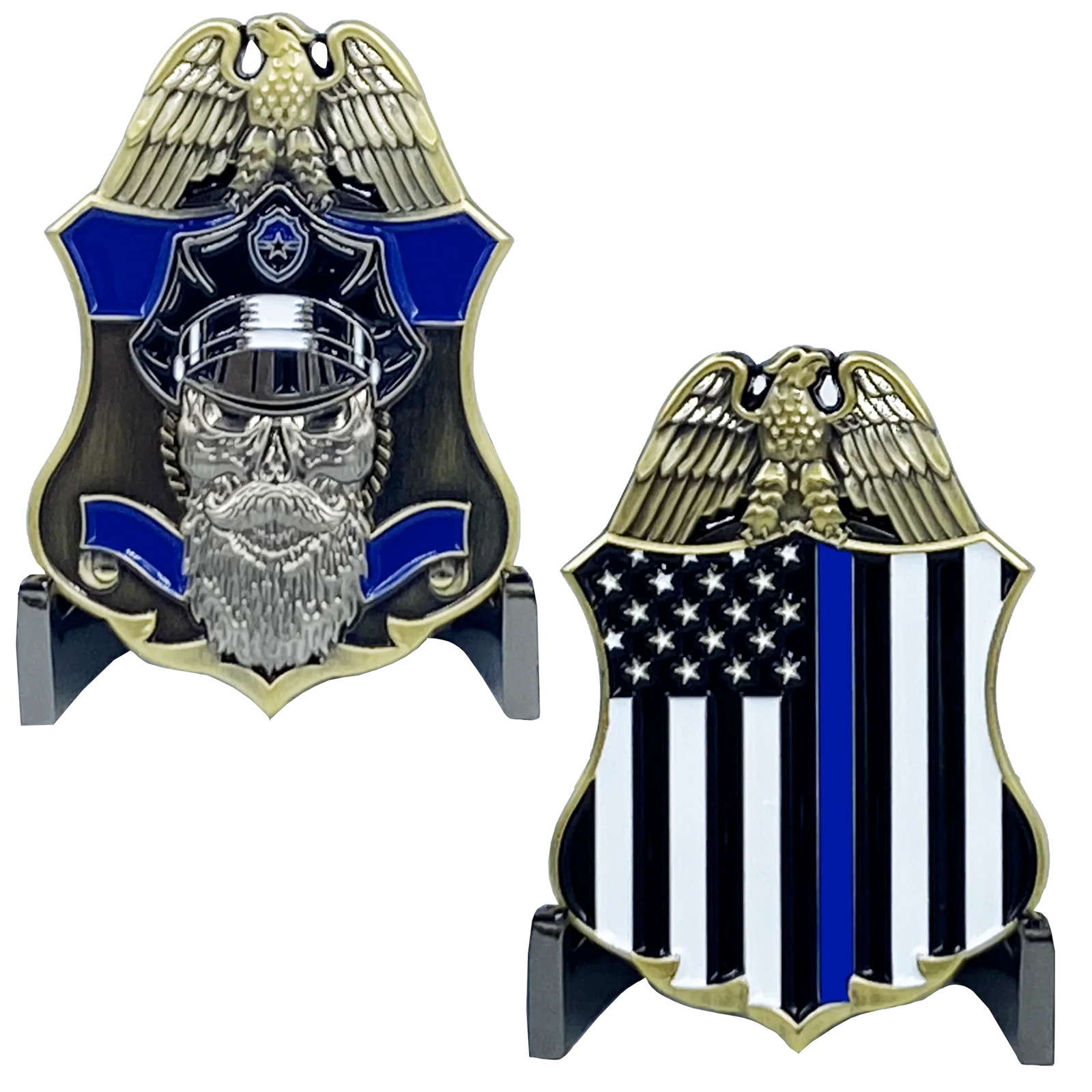 J-003 Thin Blue Line Police Challenge Coin Beard Gang Skull Back the Blue CBP TS