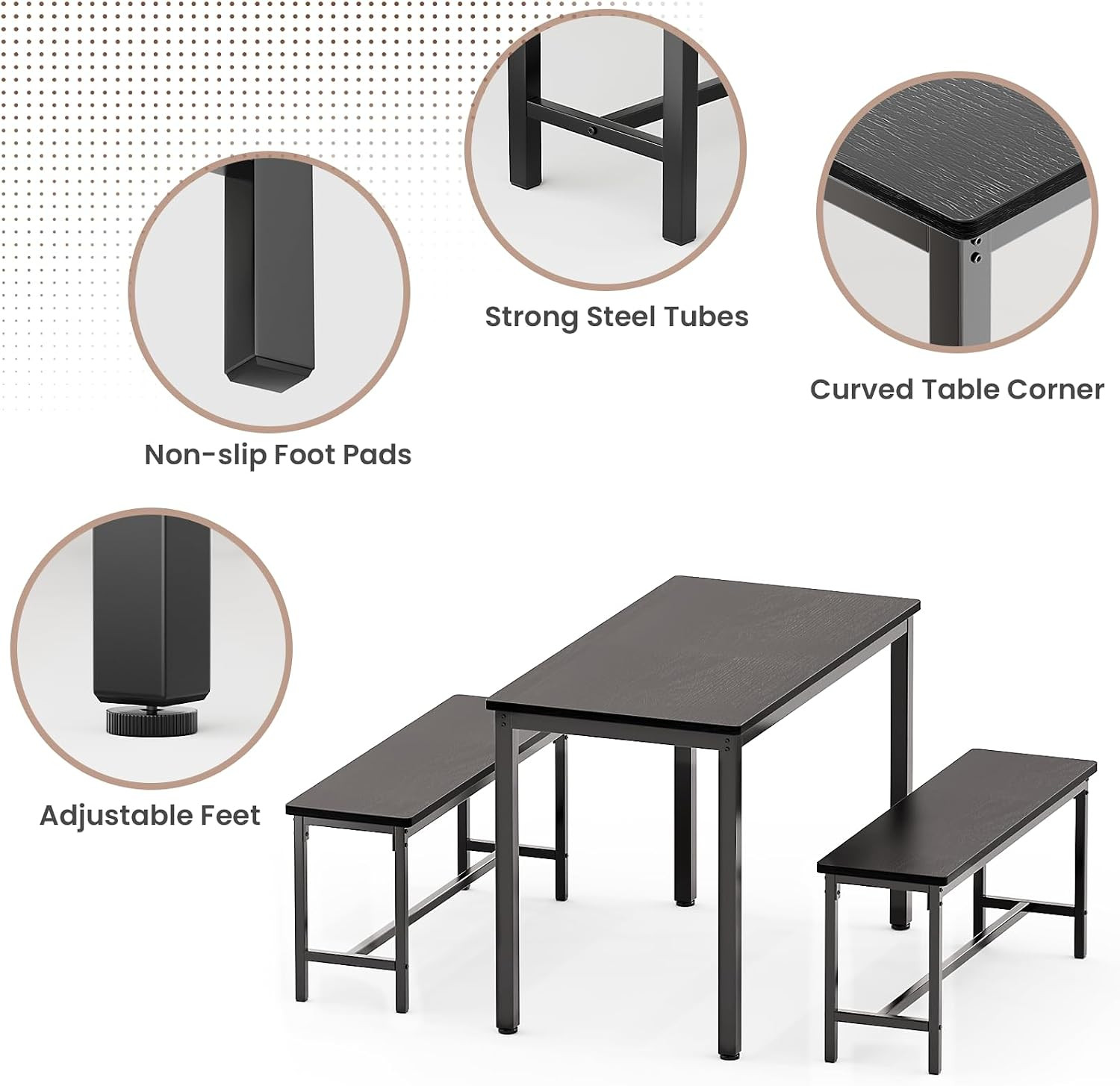 Dining Table Set for 4, Kitchen Table with 2 Benchs, Black | Modern Functional 3