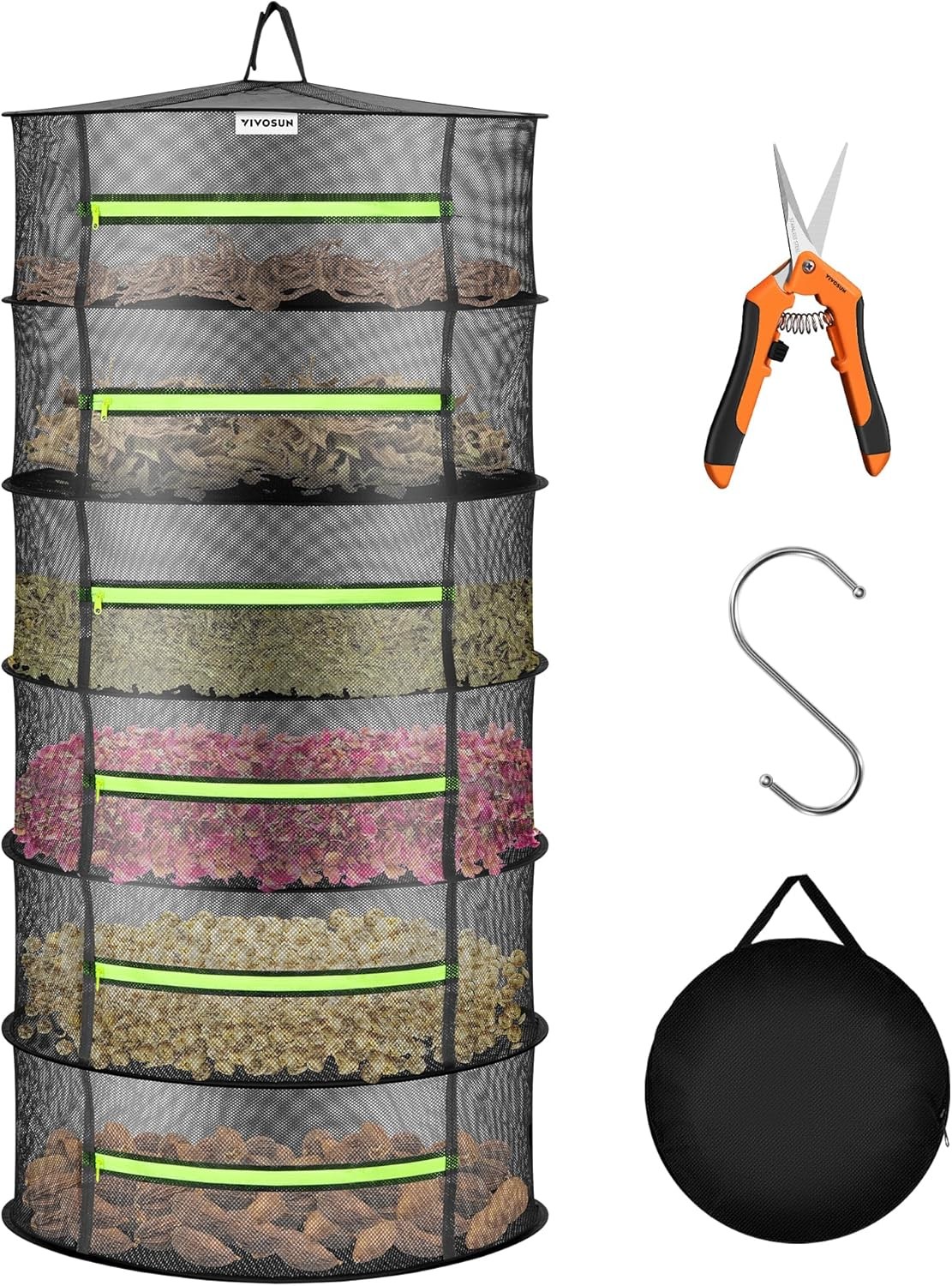 6-Layer Mesh Drying Rack Hanging Design W/ Green Zippers Dehydrating Indoor &