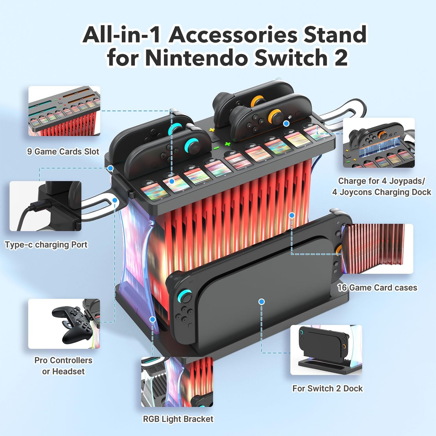 Switch 2 Organizer Docking Station with Joycon Controller Charging Docks LED Lit